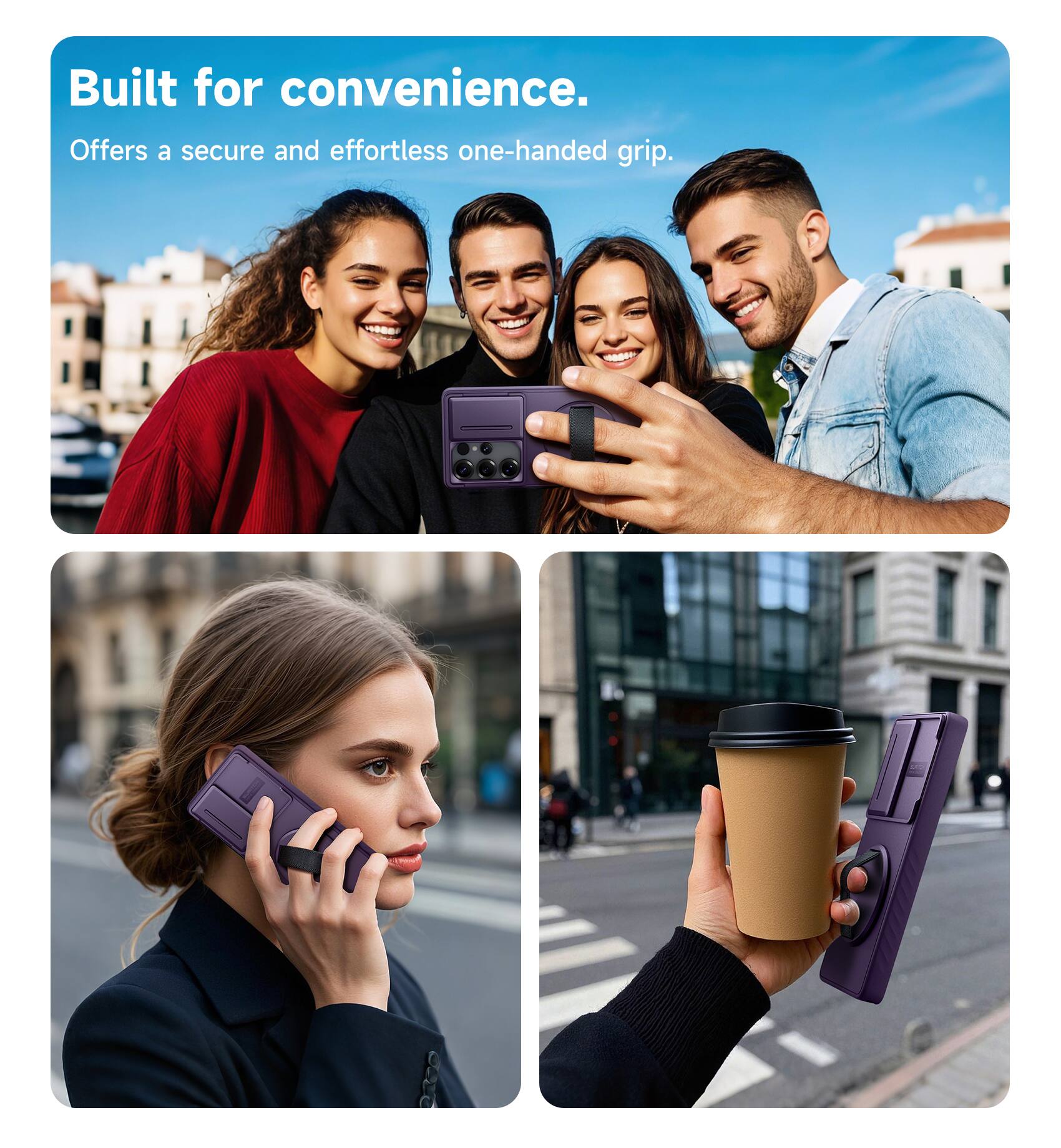 Built for convenience.  
Offers a secure and effortless one-handed grip.