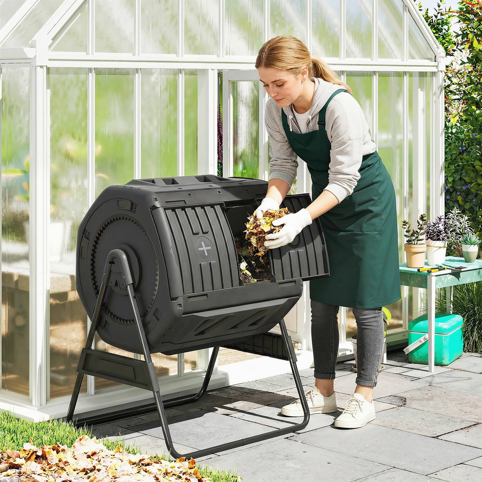 Alt View 1. Outsunny - Compost Bin Outdoor, 53 Gal Dual Chamber Compost Tumbler with 8 Adjustable Vents.