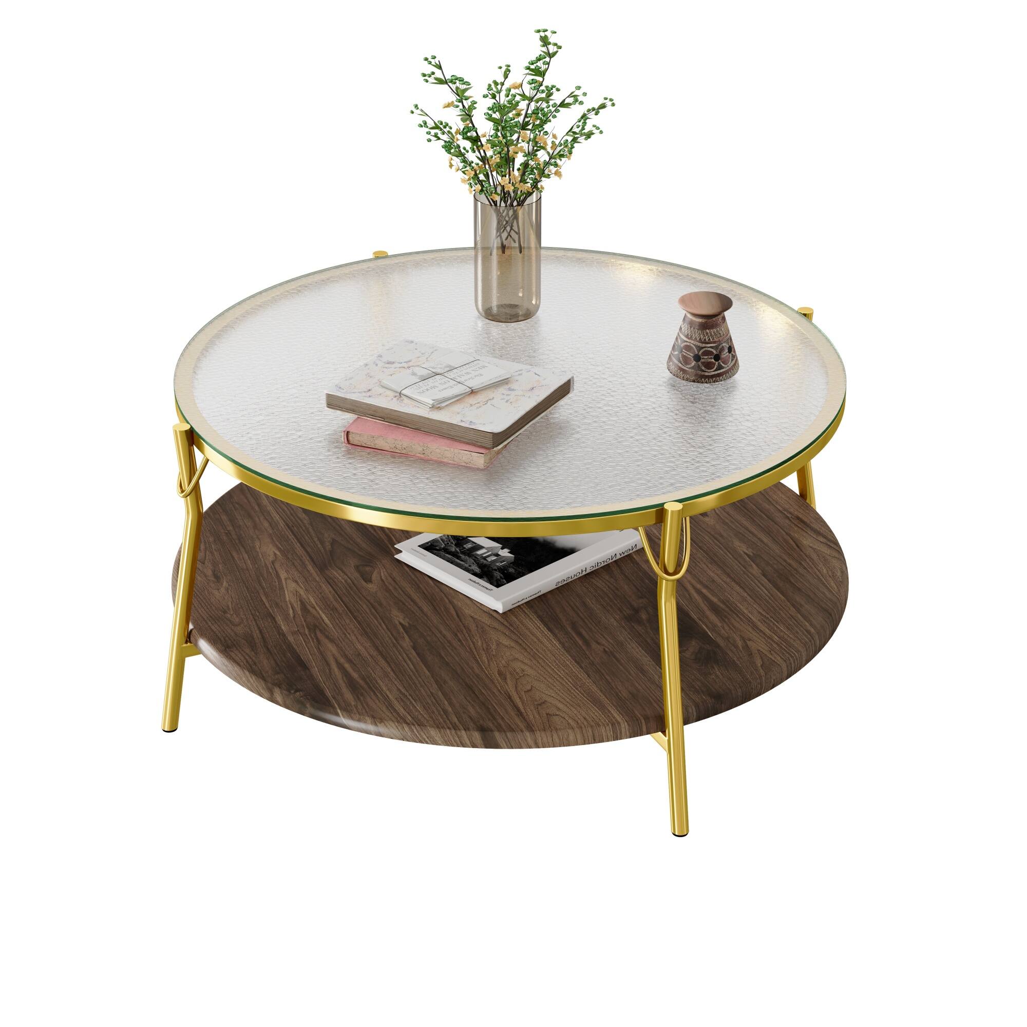 Alt View 10. GOODSILO - Modern Round Two-Tier Coffee Table with Tempered Glass Top and Elegant Metal Base - Gold+Glass,Walnut.