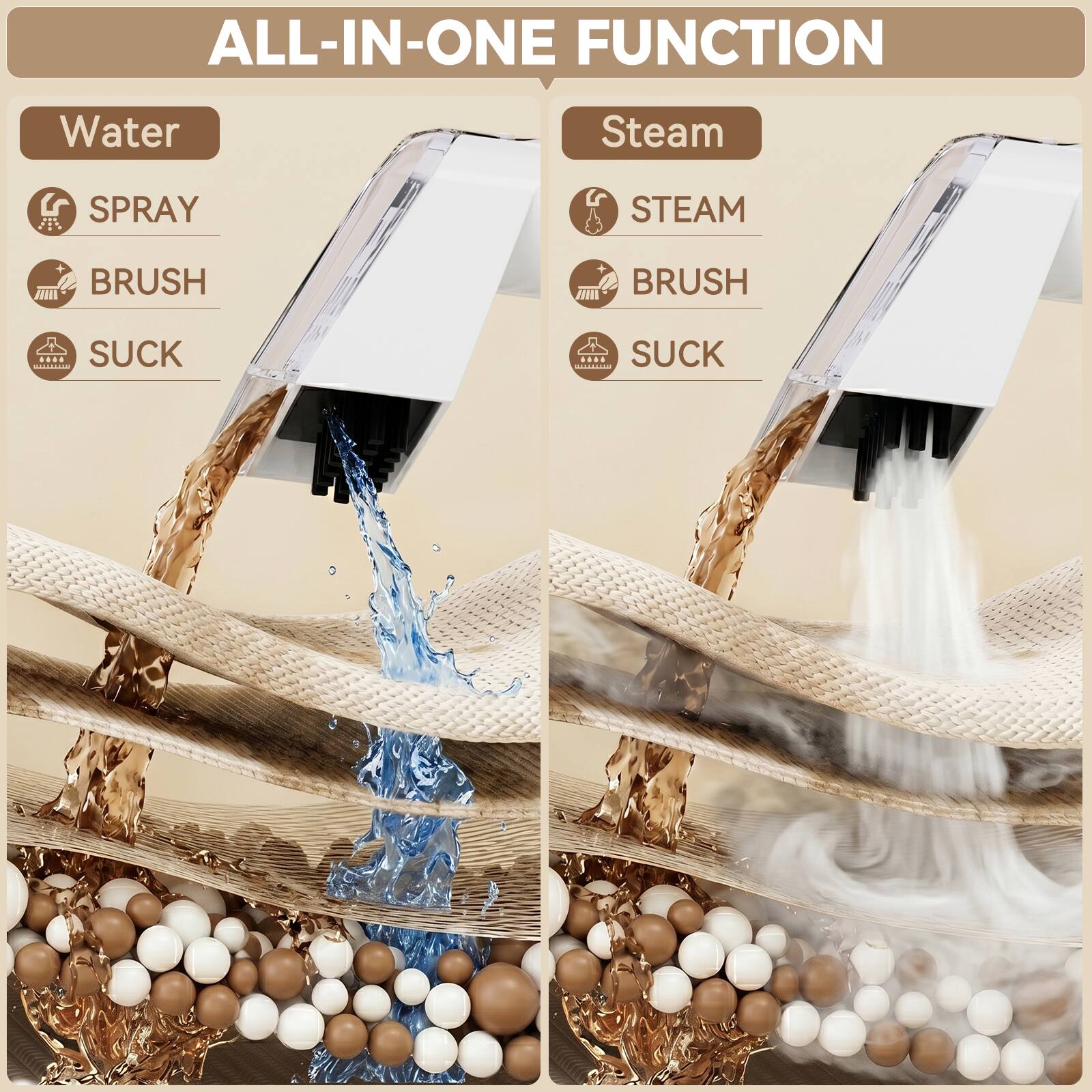 ALL-IN-ONE FUNCTION

Water
- SPRAY
- BRUSH
- SUCK

Steam
- STEAM
- BRUSH
- SUCK