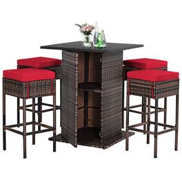 Boyel Living - 5Piece Rattan or Wicker Dining Set Comfortable Seat Cushions Hidden Storage Compartment - Red