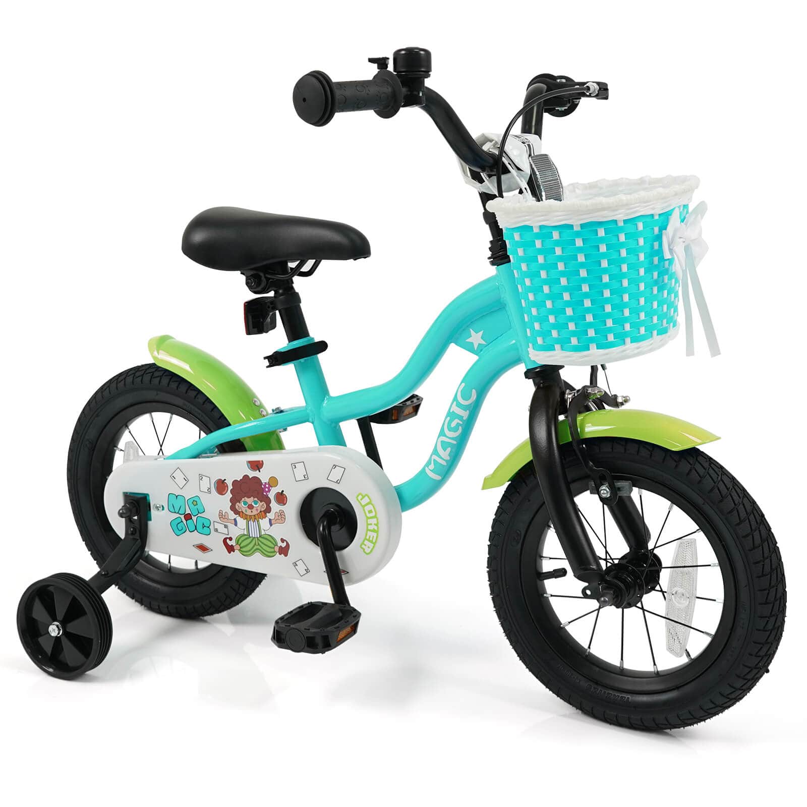 Costway - 12" Kids Bike with Training Wheels, Basket, Hand & Coaster Brakes, Adjustable Seat - Green