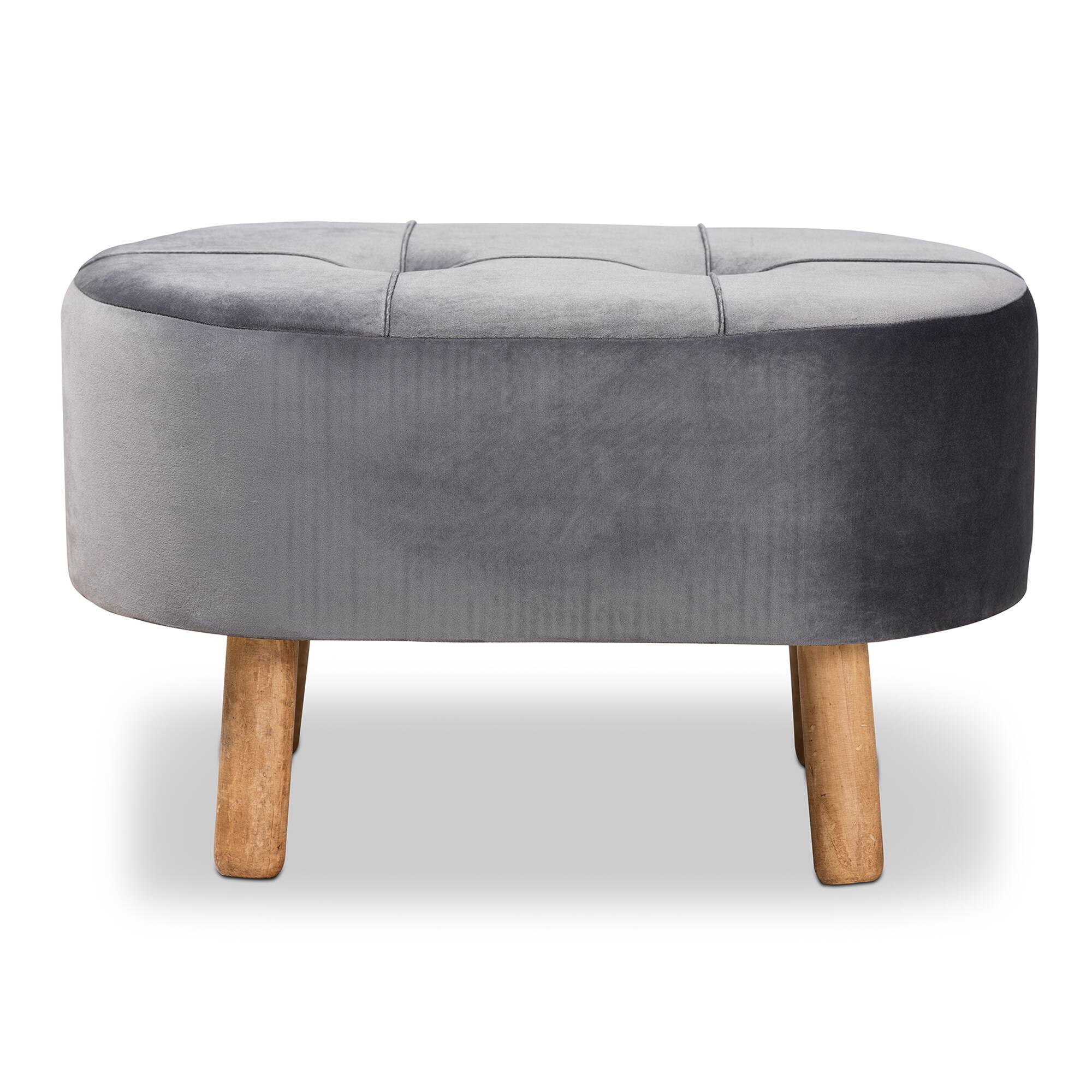 Angle. Baxton Studio - Simone Mid-Century Modern Velvet Fabric Upholstered Wood Ottoman - Grey/Natural.