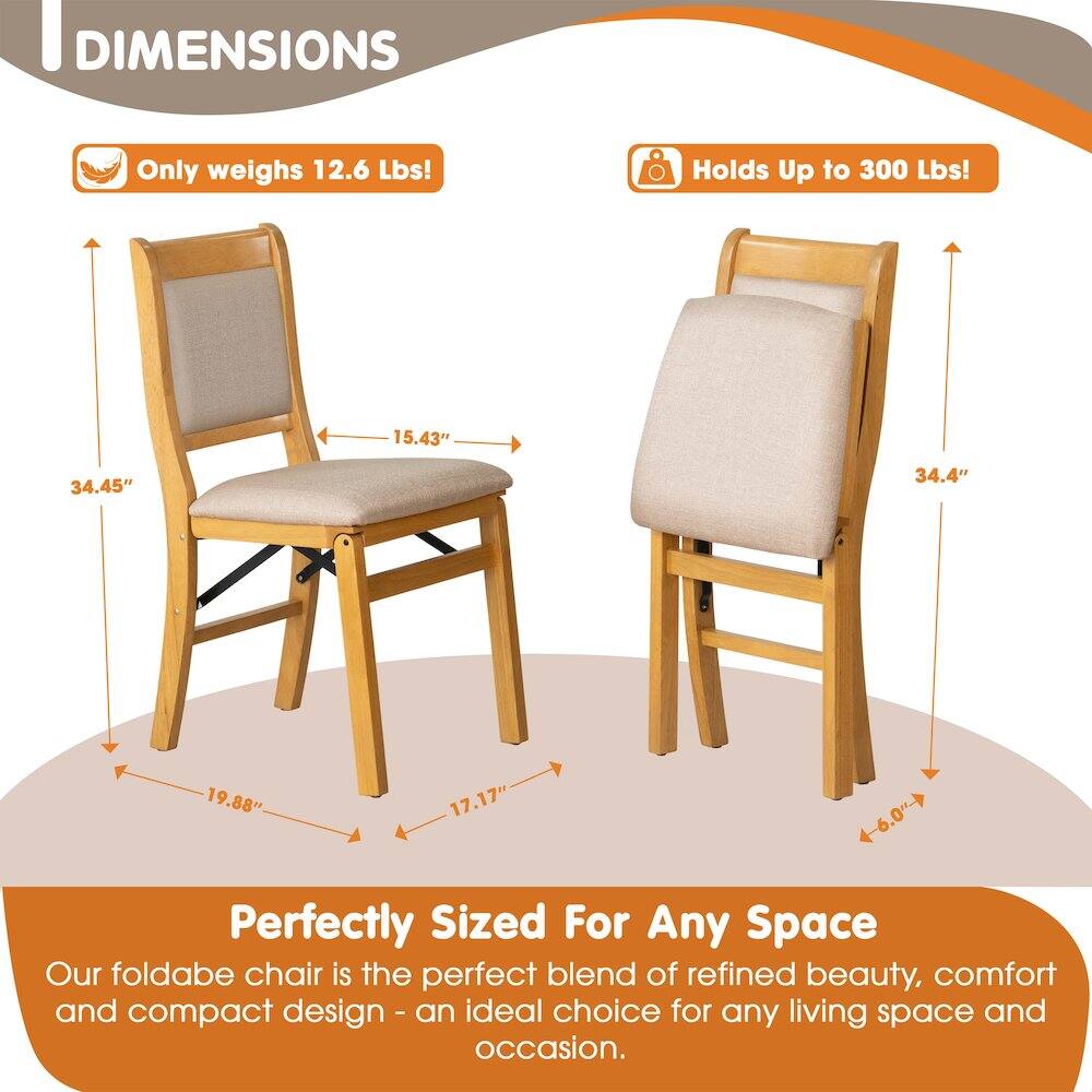 DIMENSIONS

Only weighs 12.6 Lbs!  
Holds Up to 300 Lbs!  

15.43"  
34.45"  
34.4"  
19.88"  
17.17"  

Perfectly Sized For Any Space  

Our foldable chair is the perfect blend of refined beauty, comfort and compact design - an ideal choice for any living space and occasion.