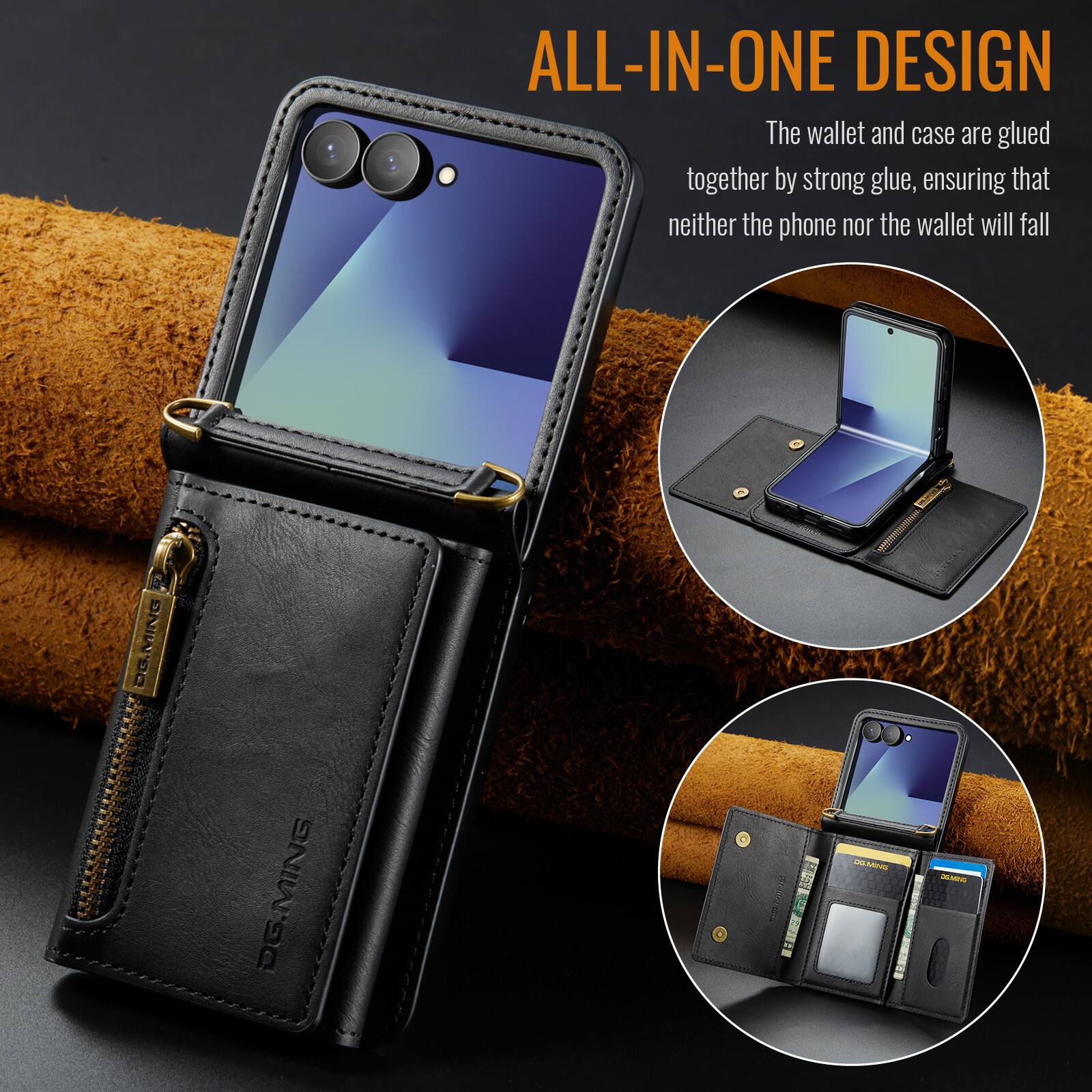 ALL-IN-ONE DESIGN

The wallet and case are glued together by strong glue, ensuring that neither the phone nor the wallet will fall

MING 00 DG.MING 3