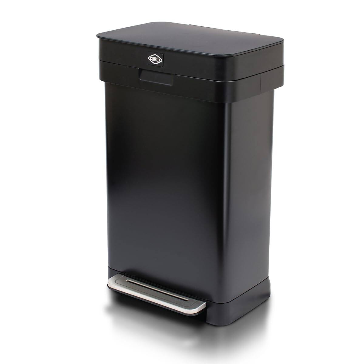 Front. Clorox - Clorox Trash Can, 13 Gallon Stainless Steel Garbage Bin with Wide Step, Black - Black, Silver.