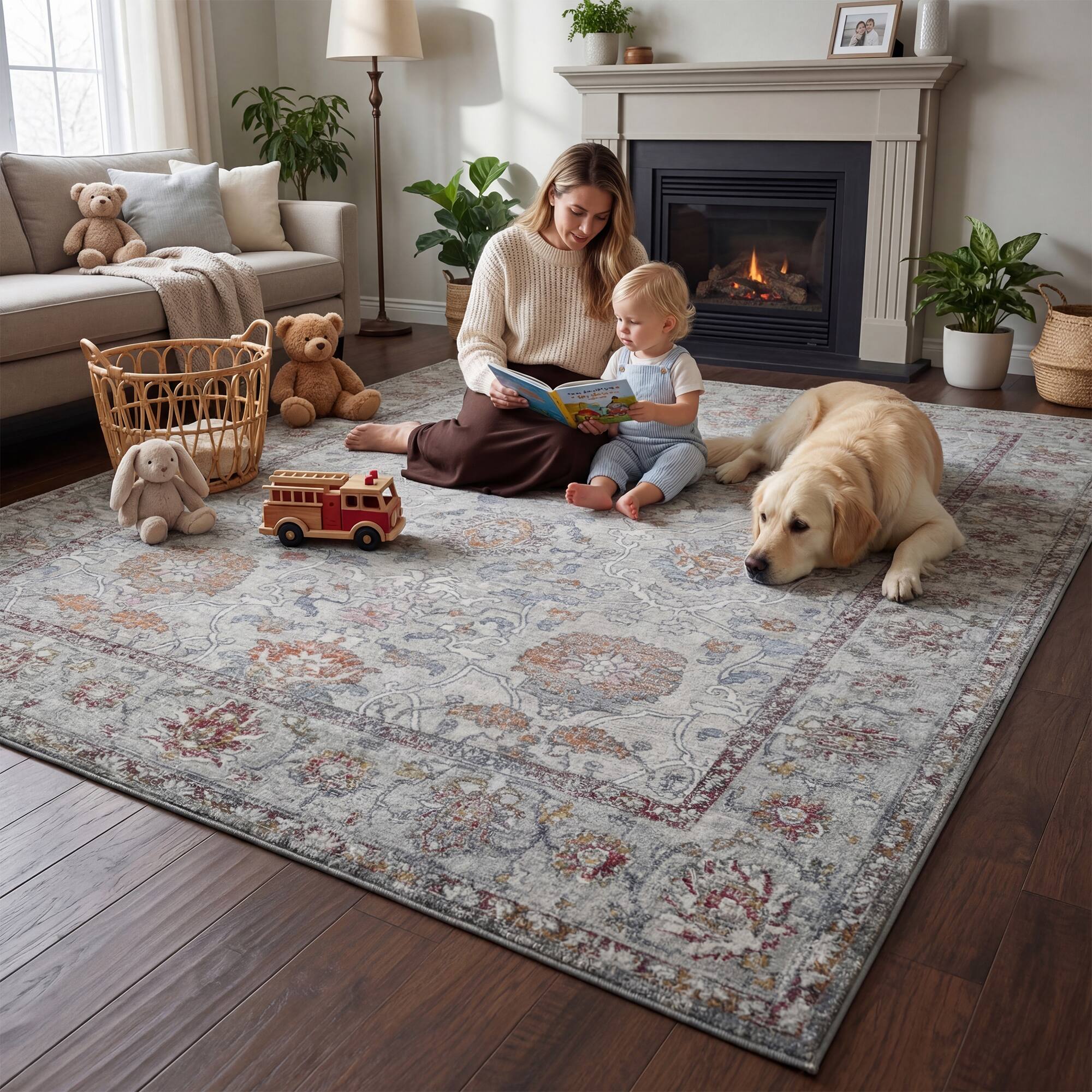 Alt View 1. RYHNUYNE - 5x7 Neutral Floral Rugs, Vintage Style Washable Area Rug, Non Slip Soft Low Pile Rug for Living Room Farmhouse Nursery O - gray.
