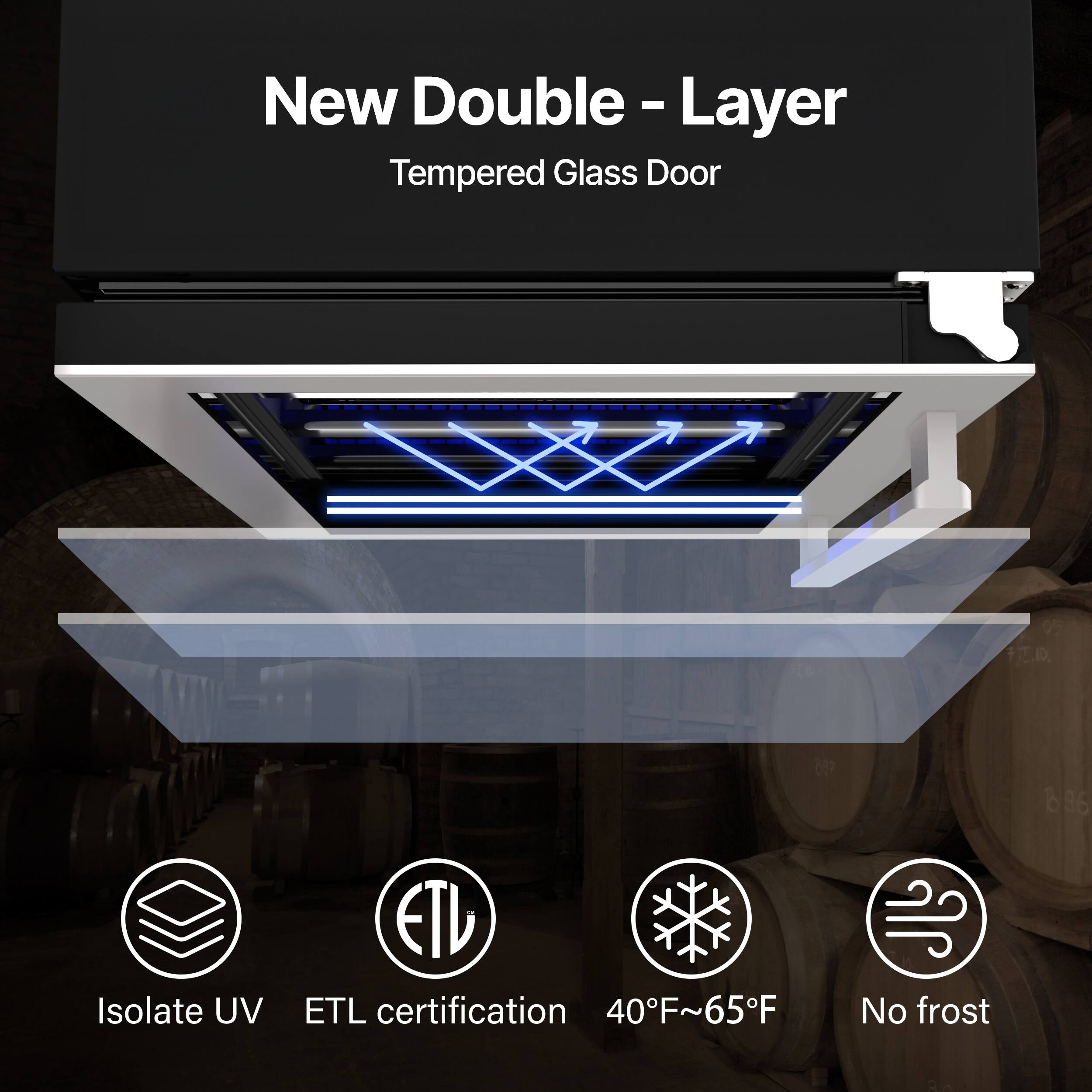 New Double-Layer Tempered Glass Door

- Isolate UV
- ETL certification
- 40°F~65°F
- No frost