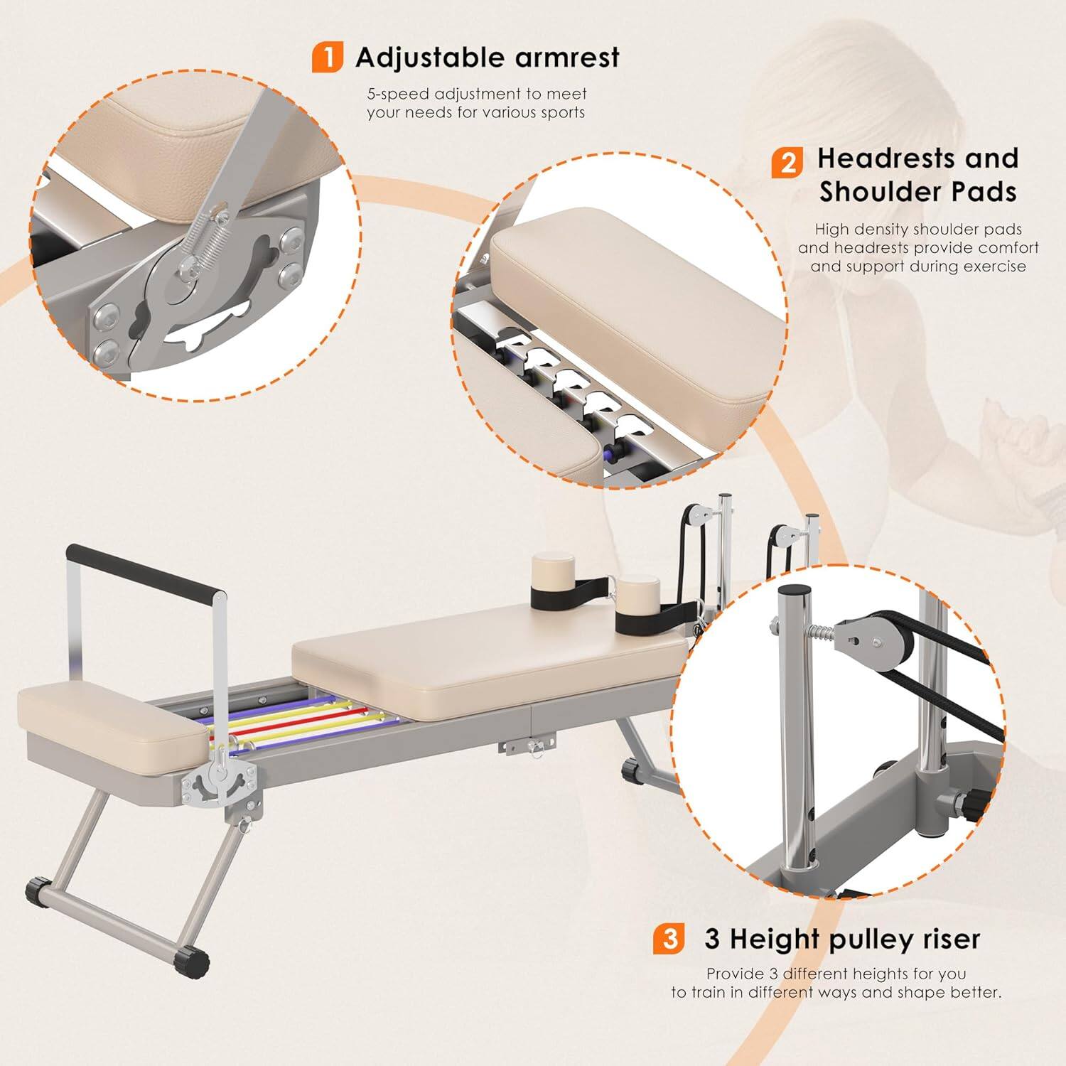 1. Adjustable armrest  
   5-speed adjustment to meet your needs for various sports

2. Headrests and Shoulder Pads  
   High density shoulder pads and headrests provide comfort and support during exercise

3. 3 Height pulley riser  
   Provide 3 different heights for you to train in different ways and shape better.