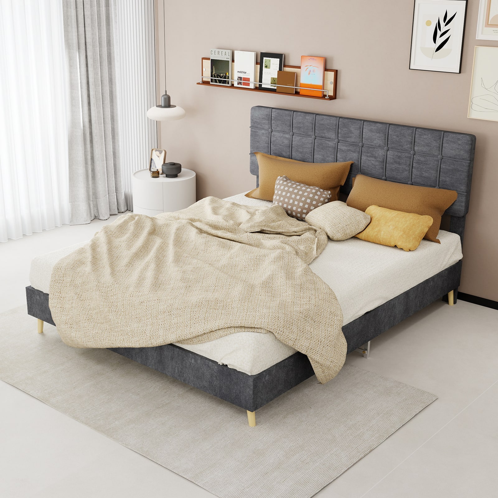 Loheer - Upholstered Queen Bed Frame Platform Bed with Soft Headboard Modern Minimalist - Gray