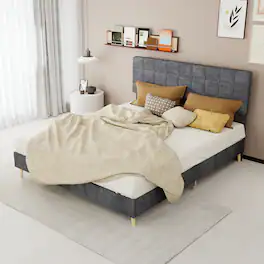 Loheer - Upholstered Queen Bed Frame Platform Bed with Soft Headboard Modern Minimalist - Gray