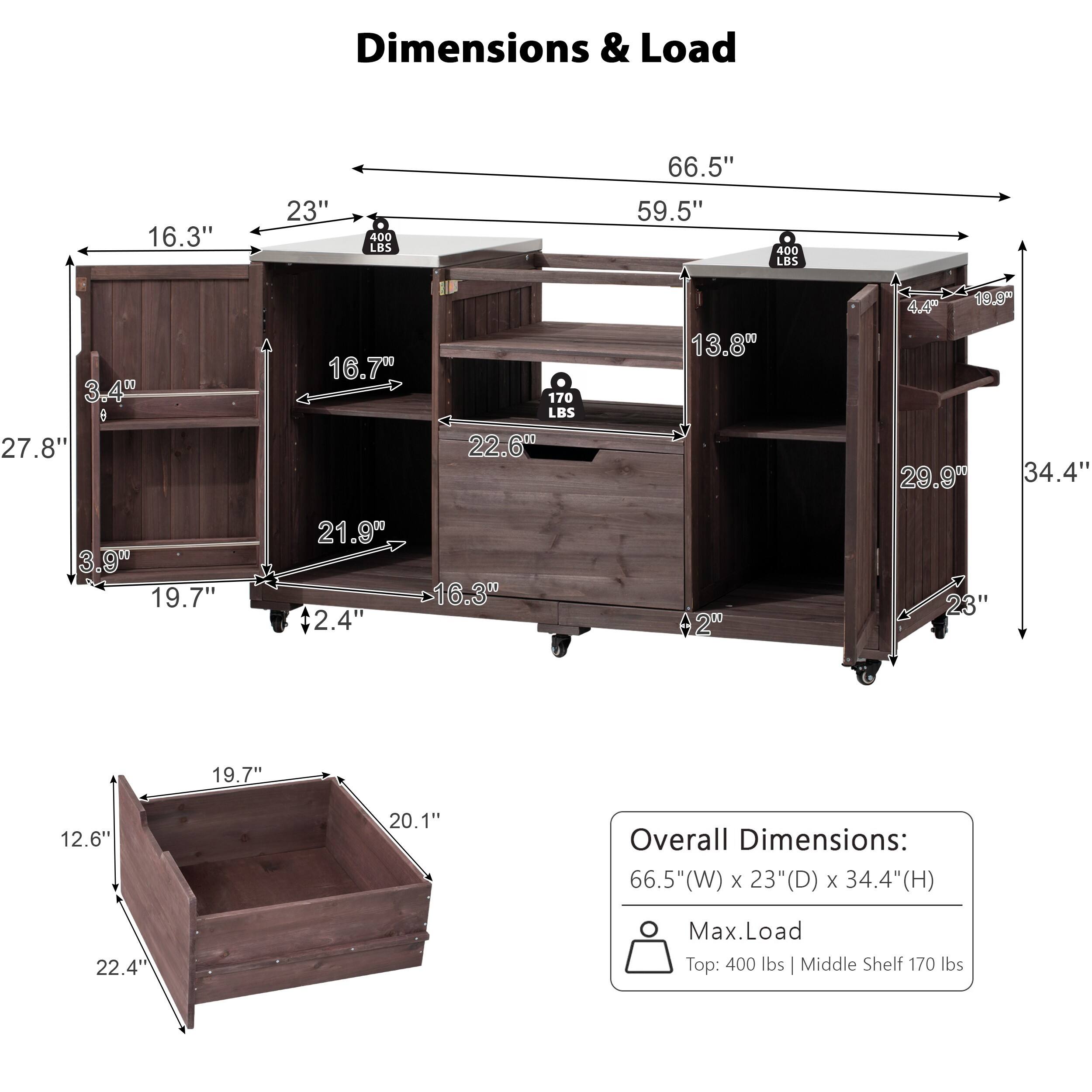 Dimensions & Load

- Overall Dimensions: 66.5" (W) x 23" (D) x 34.4" (H)
- Max. Load: Top: 400 lbs | Middle Shelf: 170 lbs

- 16.3"
- 23"
- 400 LBS
- 66.5"
- 59.5"
- 400 LBS
- 3.4"
- 27.8"
- 16.7"
- 170 LBS
- 22.6"
- 13.8"
- 19.9"
- 46
- 29.9"
- 34.4"
- 3.9"
- 19.7"
- 21.9"
- +2.4"
- 16.3"
- 20"
- 23"
- 19.7"
- 12.6"
- 20.1"