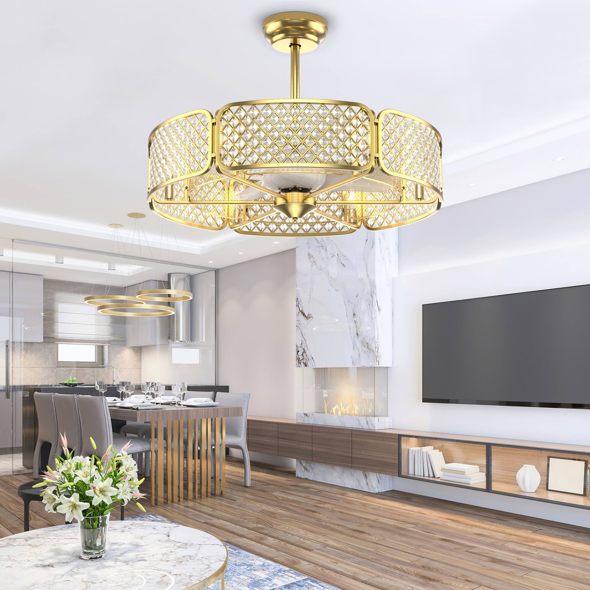 Alt View 2. Gymax - Gymax 30'' Caged Ceiling Fan With Light Crystal Lampshade 6 Light Bases Golden - Golden.