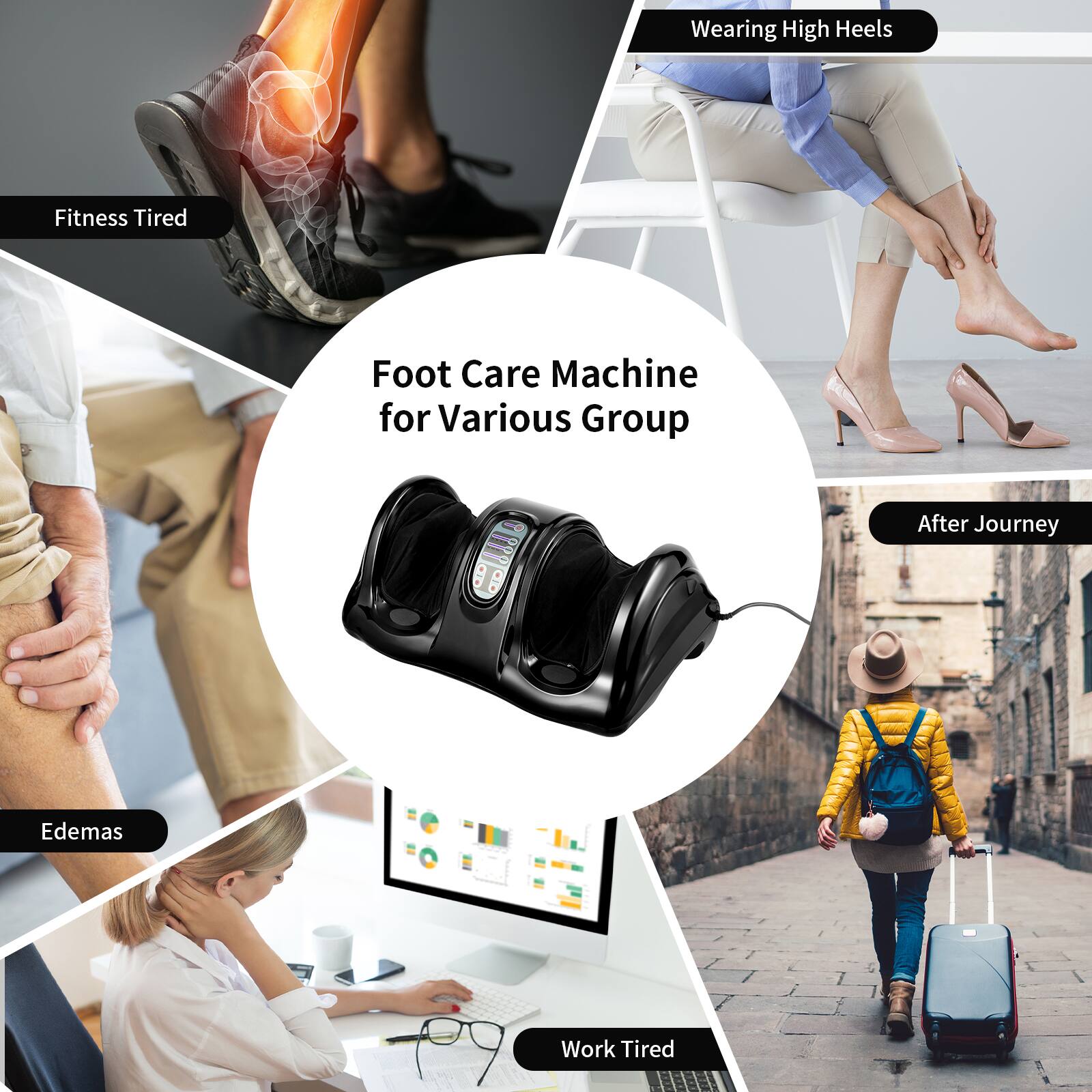 Group: Foot Care Machine for Various Group
Text: Wearing High Heels Fitness Tired Foot Care Machine for Various Group e UO S 98 After Journey Edemas Work Tired
