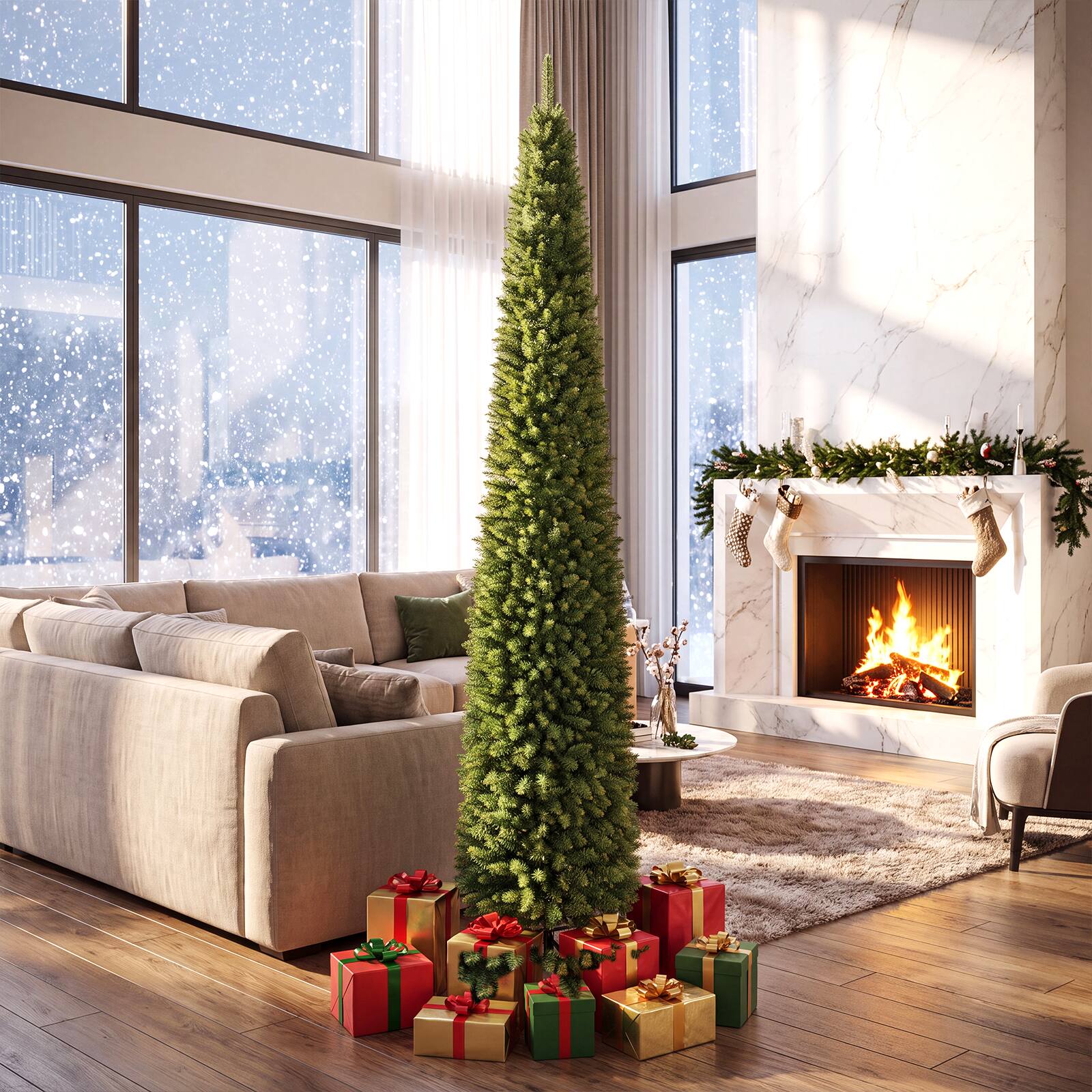 Gymax 8 FT Pre Lit Artificial Christmas Tree Realistic Slim Pencil Xmas ...