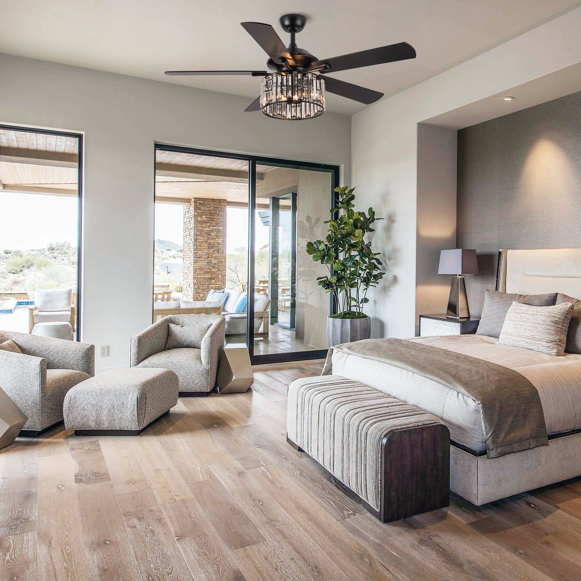 Angle. Parrot Uncle - 52"Modern Crystal Chandelier Ceiling Fan with Light and Remote - Matte Black.