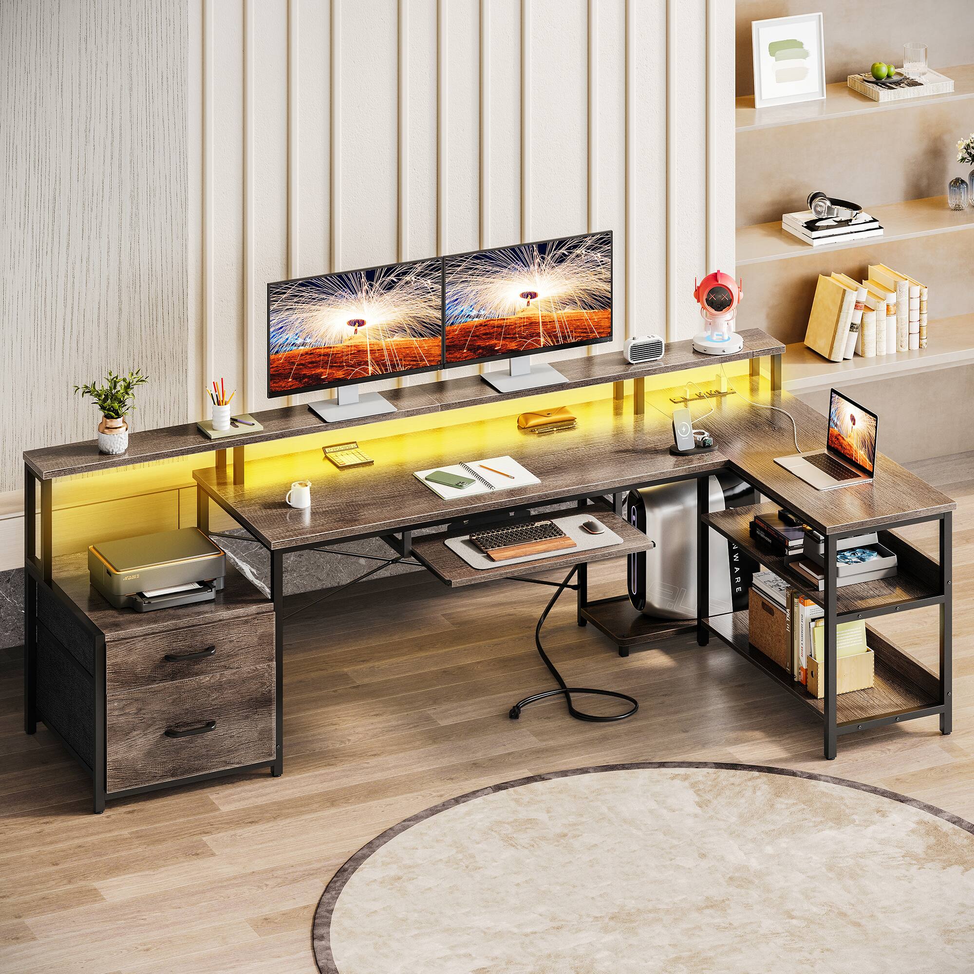 Alt View 1. AODK - L-Shaped Reversible Computer Desk with LED Lights, File Drawer, Power Outlets, Storage Shelves & Keyboard Tray - Gray.