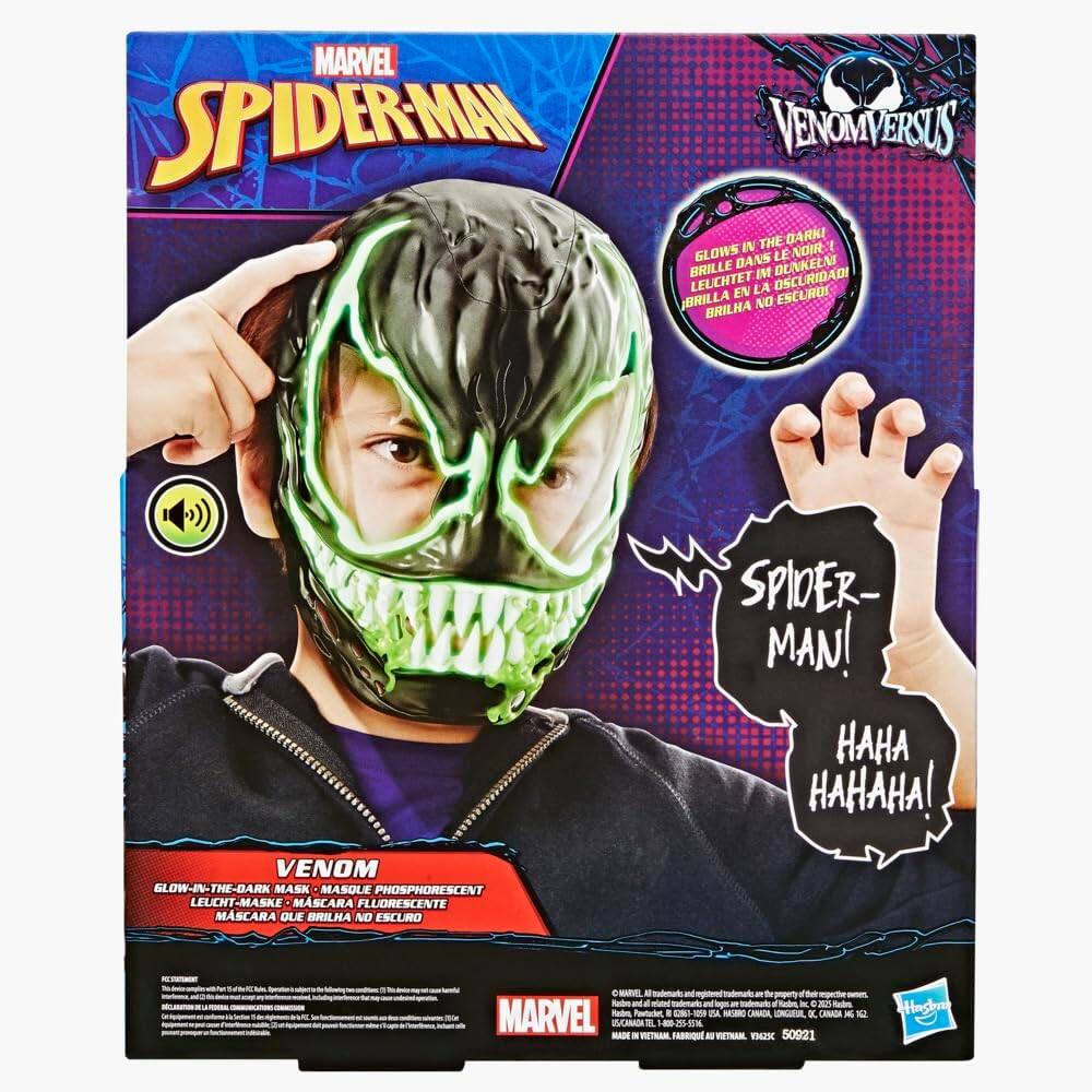 MARVEL SPIDER-MAN VENOM VERSUS THE BARK!  
GLOWS IN THE DARK!  
I BAN LE BRILLE IME DEARELM LEUCHTET IM DUNKEL BRILLA EN LA OSCURIDAD BRILHA NO ESCURO SPIDER-MAN!  
HAHA HAHAHA!  
VENOM GLOW-IN-THE-BARK MASK  
MASQUE PHOSPHORESCENT  
LEUCHT-MASKE  
MÁSCARA FLUORESCENTE  
MÁSCARA QUE BRILHA NO ESCURO  
MARVEL  
VENOM  
GLOW-IN-THE-DARK MASK  
LEUCHT-MASKE: NASCARA FLUORESCENTE  
MÁSCARA QUE BRILHA NO ESCURO  
MADE IN VIETNAM  
FABRIQUÉ AU VIETNAM  
50921  
Hnghuu