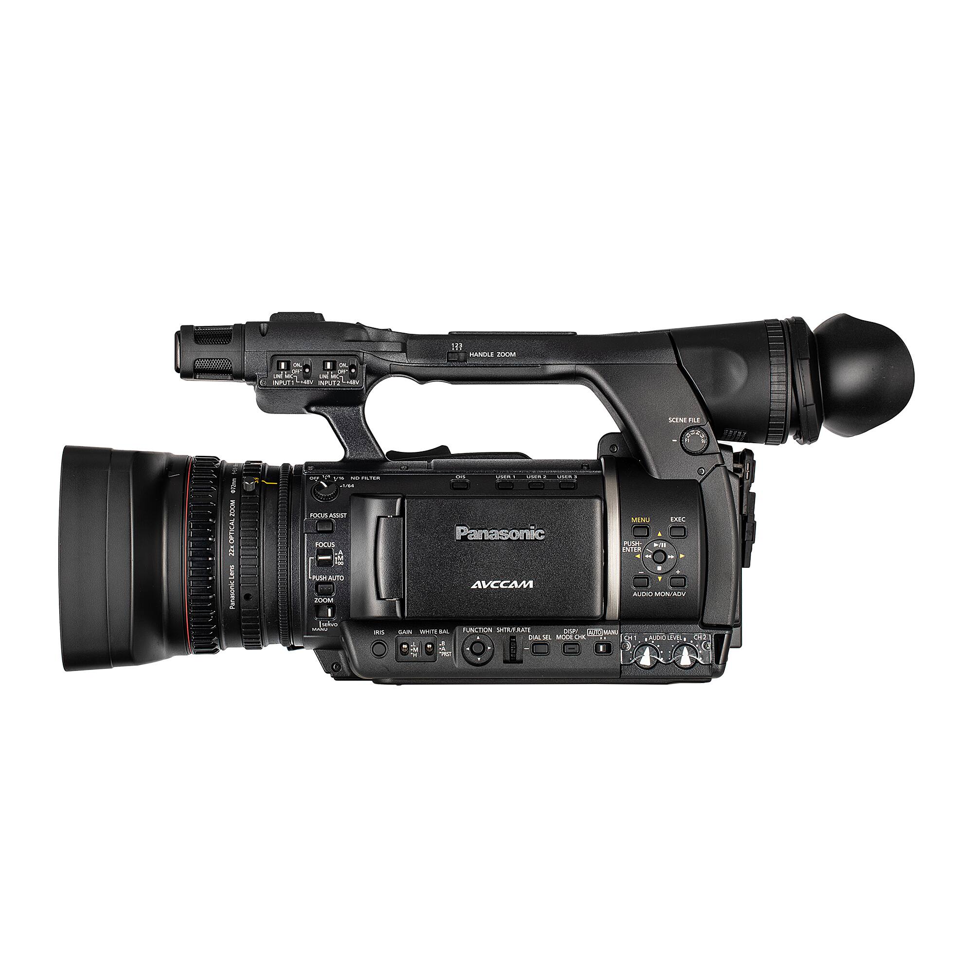 Panasonic AVCAM

- MENU
- EXC
- PUSH
- ENTER
- AUDIO MONO/ST

- FOCUS ASSIST
- FOCUS
- ZOOM
- IRIS
- WHITE BAL
- FUNCTION

- SCENE FILE

- 12X HAND ZOOM

- INPUT 1/2 (XLR)
- OUTPUT 1/2 (XLR)

- 4K

- 25.5-306mm
- 1:2.8-5.6

- 4K 60p

- 1/2.3" MOS

- 4K 60p

- 4K 30p

- 1080p 60

- 1080p 50

- 1080i 60

- 1080i 50

- 1080p 24

- 1080i 24

- 720p 60

- 720p 50

- 720p 30

- 720p 24

