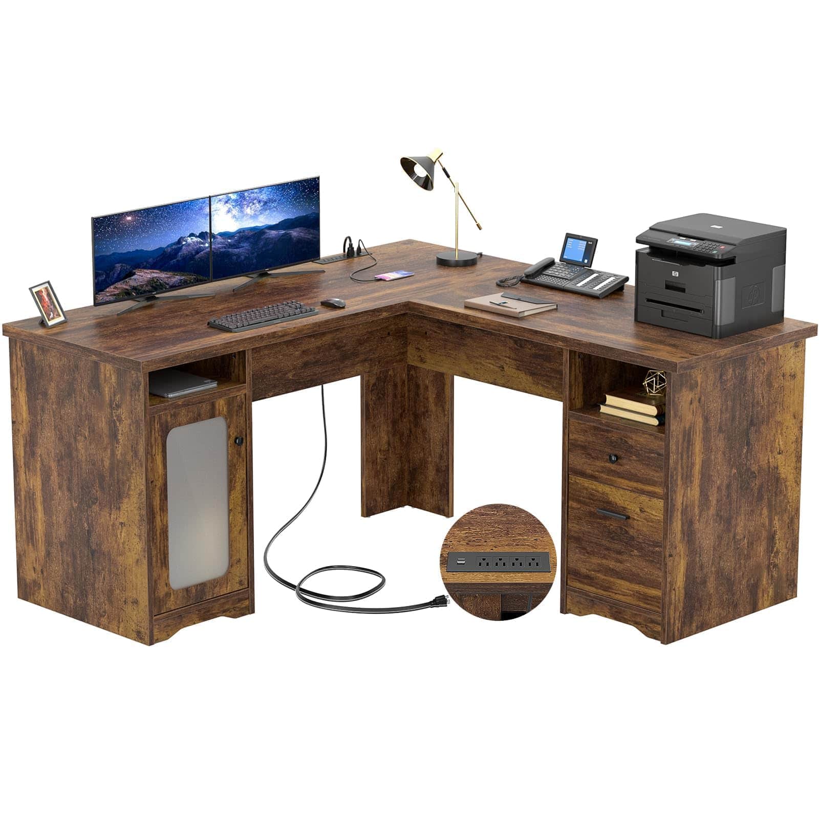 Aheaplus - 60"L-Shaped Corner Desk - Sturdy 2-Person Executive Desk with Storage/File Cabinets & Power/USB Ports - Rustic Brown
