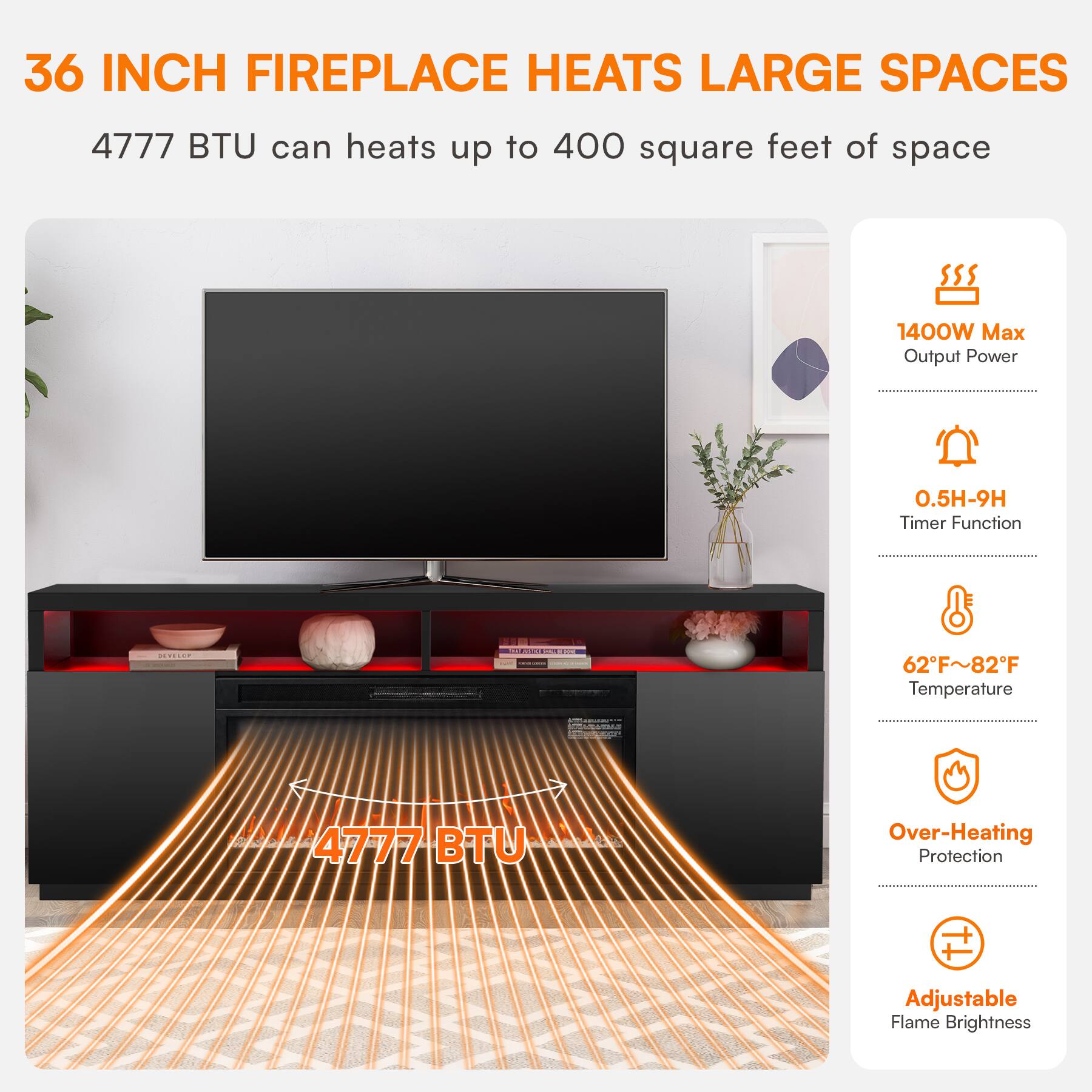 36 INCH FIREPLACE HEATS LARGE SPACES  
4777 BTU can heats up to 400 square feet of space  
1400W Max Output Power  
0.5H-9H Timer Function  
62°F~82°F Temperature  
Over-Heating Protection  
Adjustable Flame Brightness
