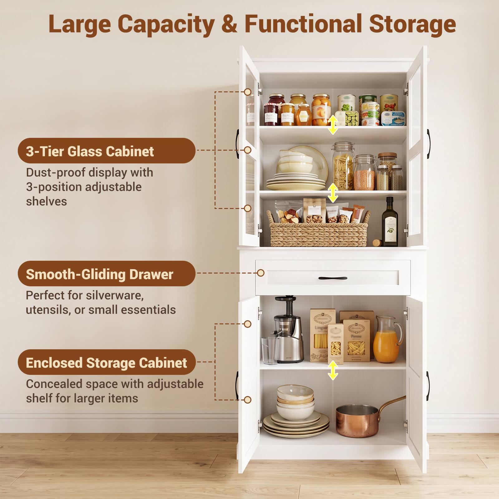 Large Capacity & Functional Storage

3-Tier Glass Cabinet
Dust-proof display with 3-position adjustable shelves

Smooth-Gliding Drawer
Perfect for silverware, utensils, or small essentials

Enclosed Storage Cabinet
Concealed space with adjustable shelf for larger items