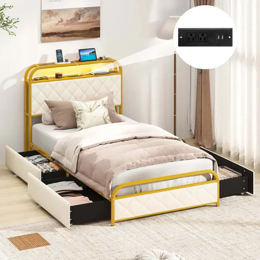 Alt View 9. Costway - Twin Size Bed Frame with LED Lights & Charging Station Storage Headboard & Drawers - Golden + White.