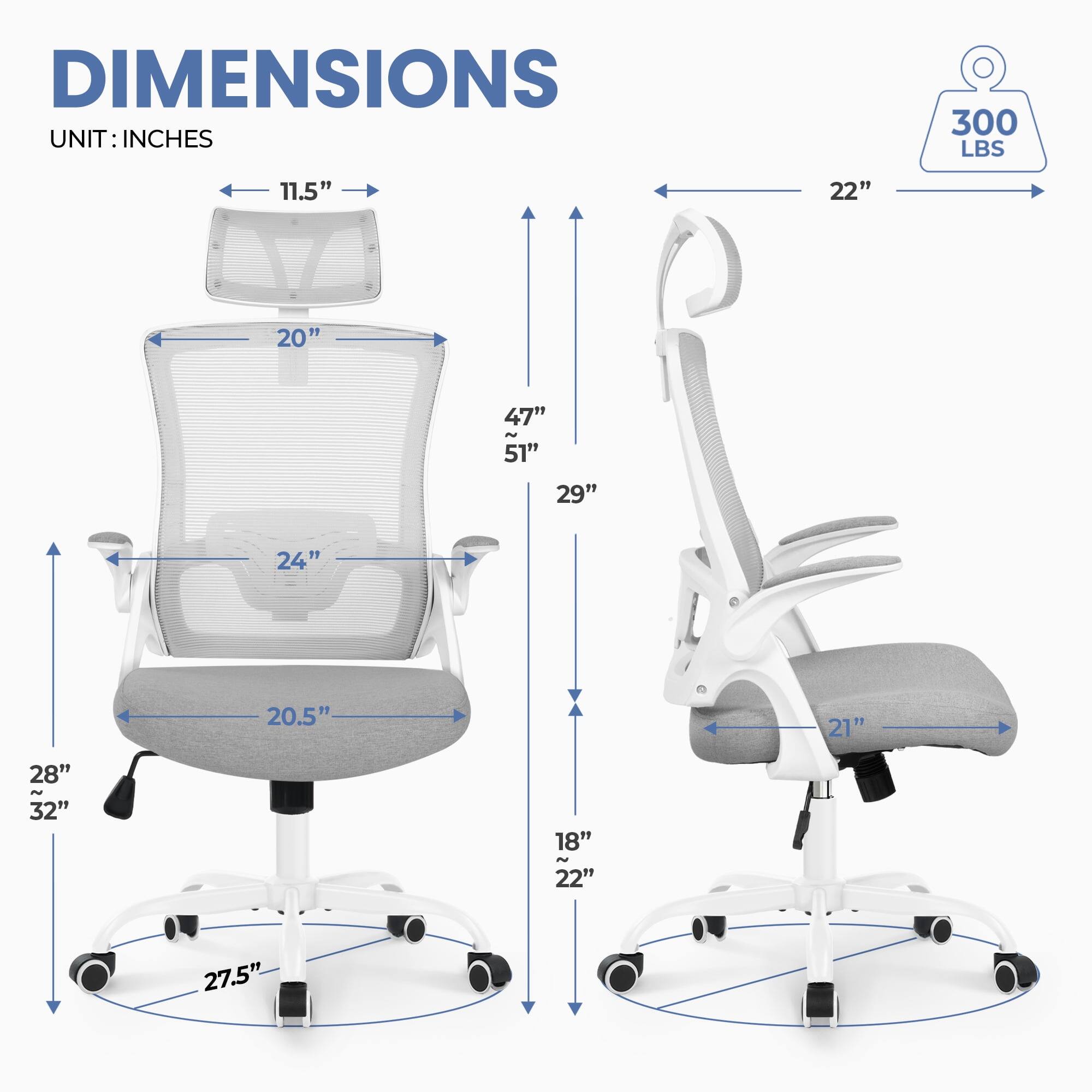 DIMENSIONS  
UNIT: INCHES  

- 11.5"  
- 22"  
- 20"  
- 47" ~ 51"  
- 29"  
- 24"  
- 20.5"  
- 21"  
- 28" ~ 32"  
- 18" ~ 22"  
- 27.5"  

300 LBS