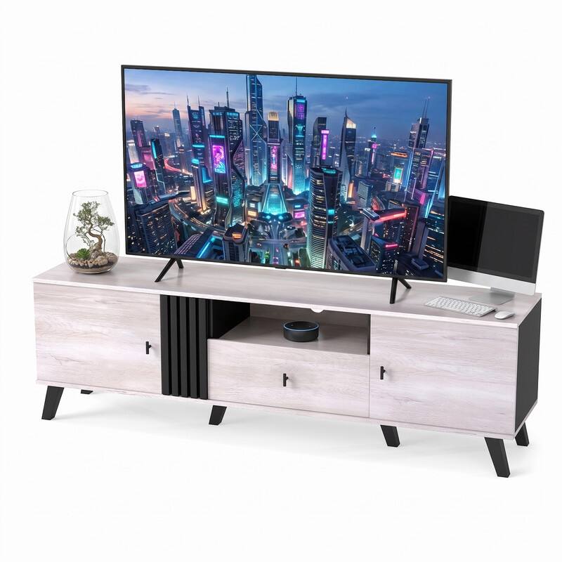 Left. WELLFOR - Mid Century Modern TV Stand for TV Up to 80" ,Entertainment Center with Open Shelf & Drawer for Living Room - Oak.