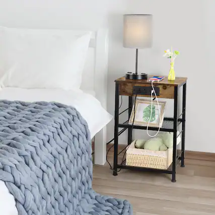 Front. Oumilen - Rustic Brown Nightstand with Charging Station, 3-Tier Industrial End Table - Rustic Brown.
