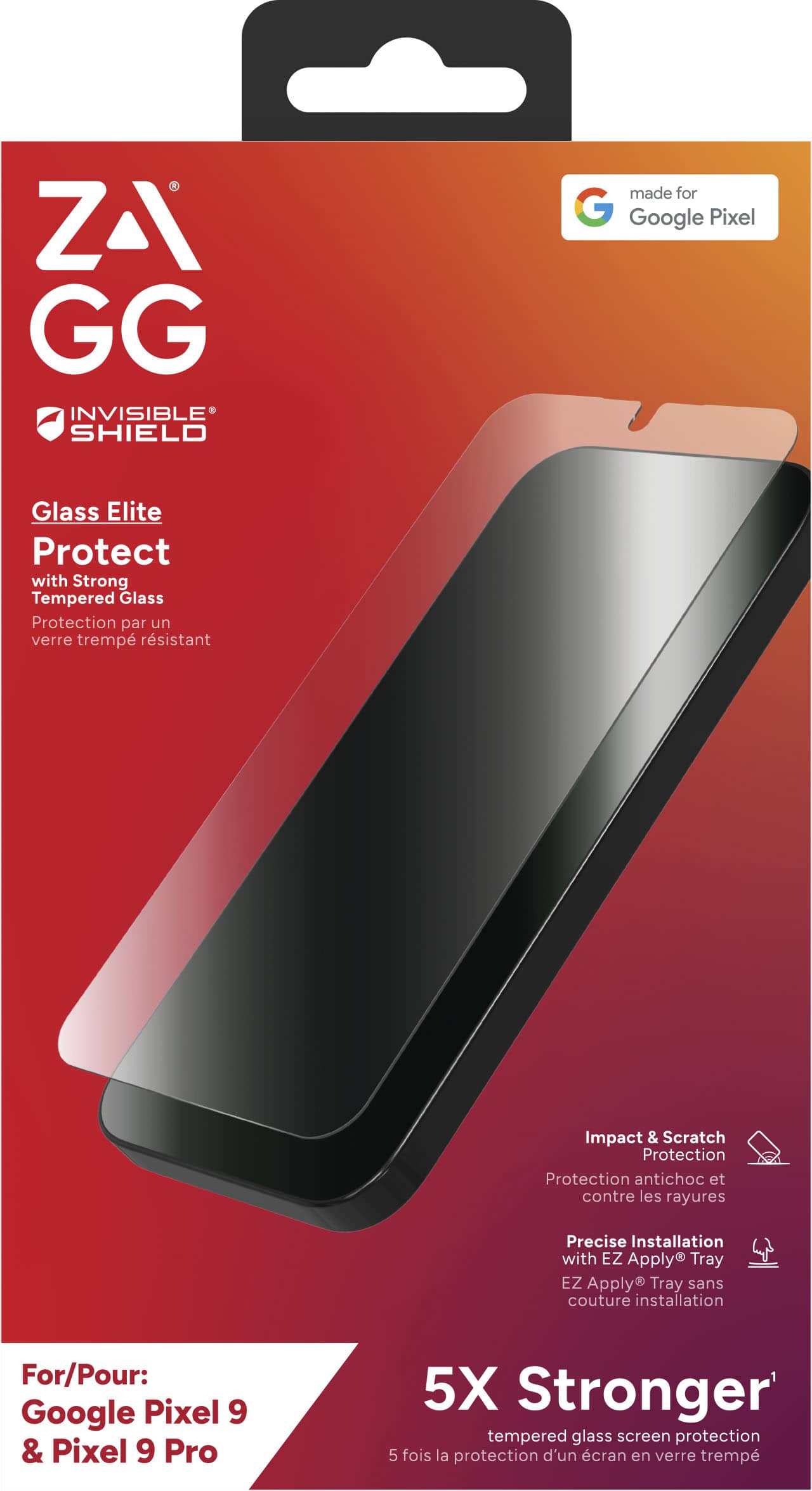 ZAGG INVISIBLE SHIELD made for Google Pixel 9 & Pixel 9 Pro 5X Stronger tempered glass screen protection 5 times stronger than a regular tempered glass screen protector. Impact & Scratch & Protection against impact & scratches. Precise installation with EZ Apply Tray.