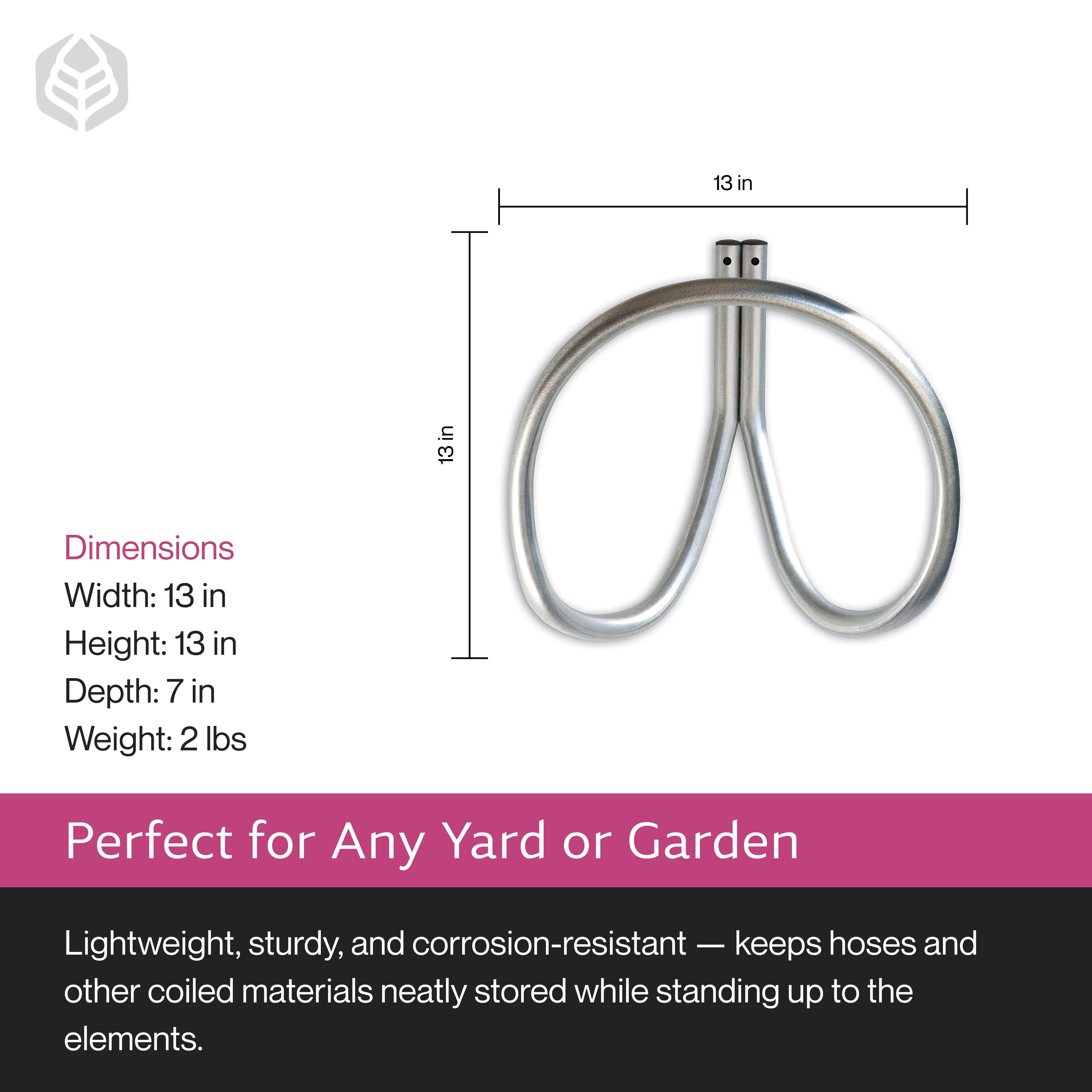 Dimensions  
Width: 13 in  
Height: 13 in  
Depth: 7 in  
Weight: 2 lbs  

Perfect for Any Yard or Garden  

Lightweight, sturdy, and corrosion-resistant — keeps hoses and other coiled materials neatly stored while standing up to the elements.