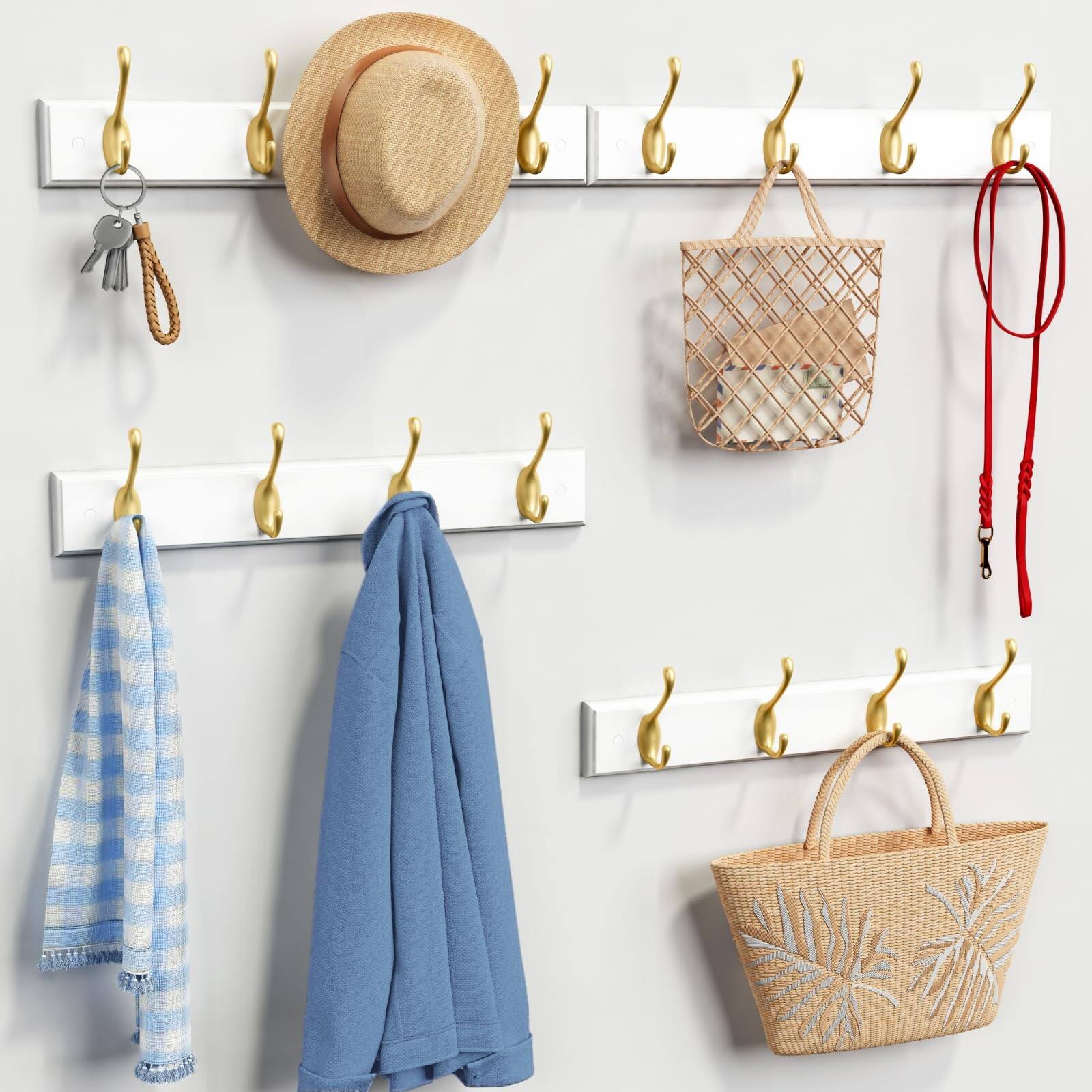Angle. HM 1810 - Coat Rack Wall Mount Decorative Hooks For Heavy Duty Hanger Key Holder Hanging Hats Coats Purses Bags... - White & Gold.