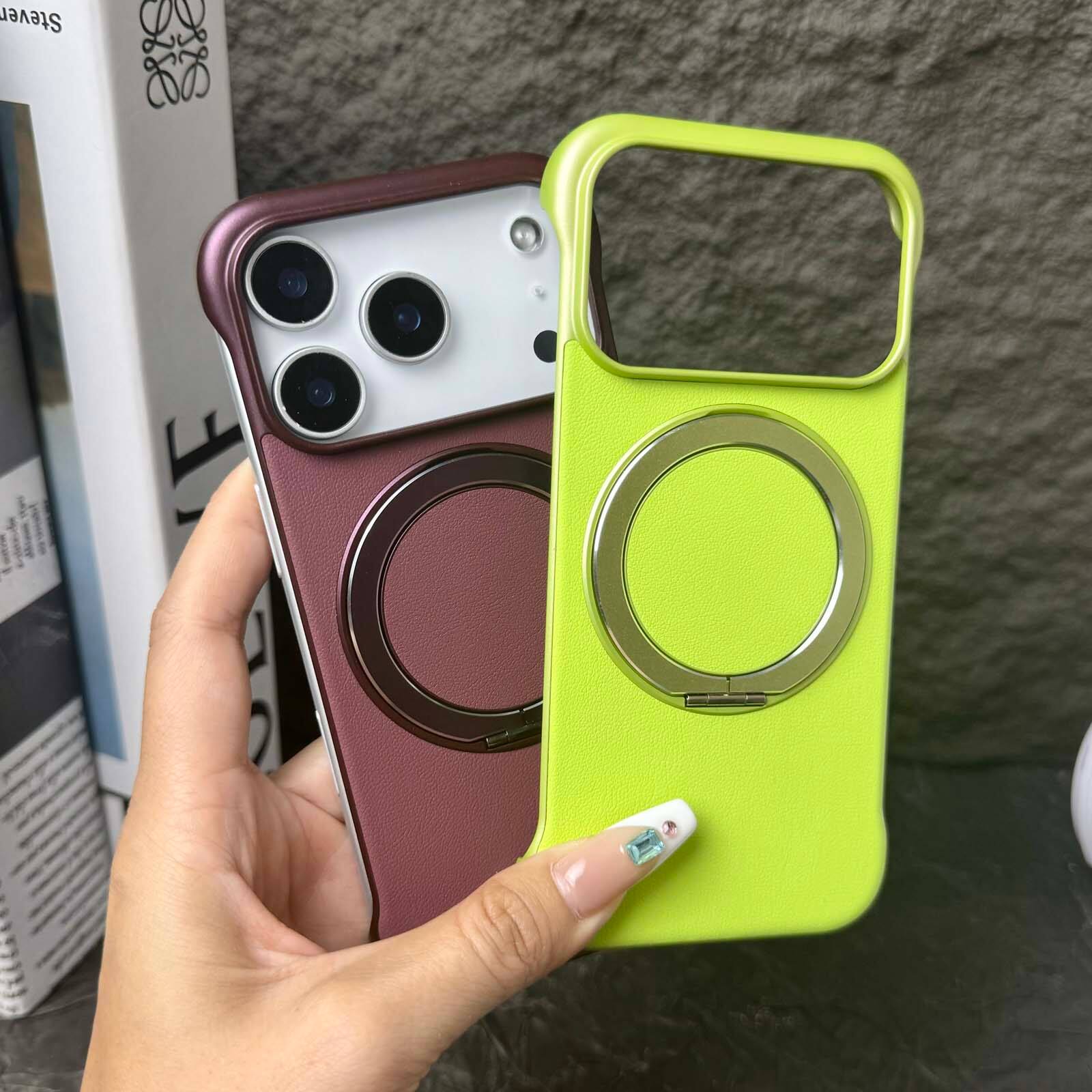 Left. Dteck - Frameless Slim Phone Case for Apple iPhone 17 Pro Built-in Ring Stand, Magnetic Rugged Shockproof Hard PC Back Cover - Gray.
