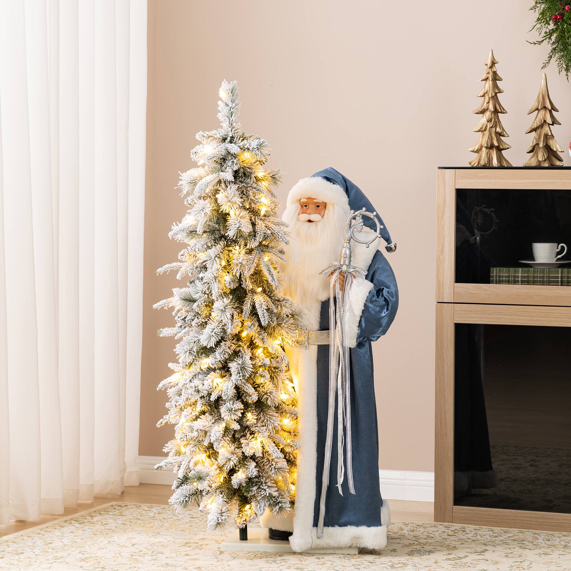 Glitzhome - 3.5FT Oversized Deluxe Santa with 4FT Lighted Flocked Artificial Christmas Tree - Multi-Colored
