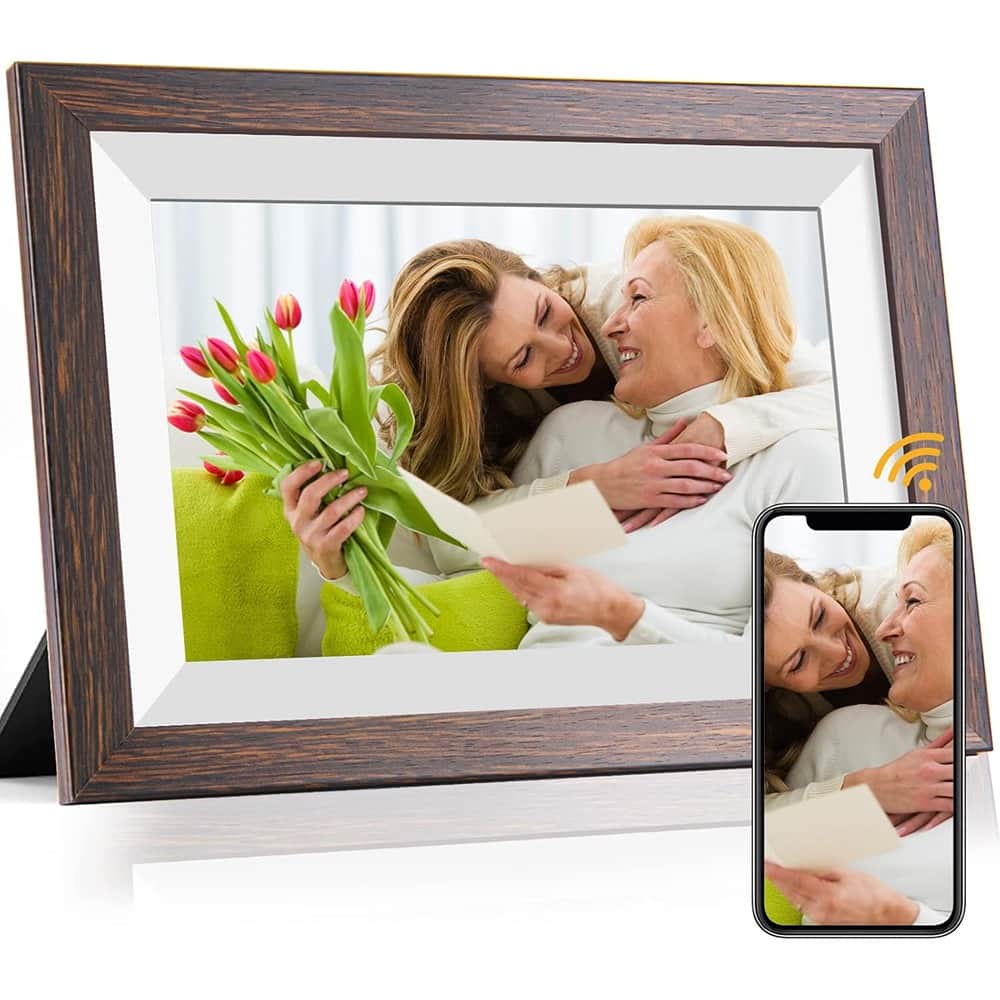 MOSZAR LLC - 10.1" Digital Photo Frame, IPS Touch Screen HD Display, WiFi, Share via Frameo App (Brown Wood)