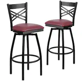Emma + Oliver - 2 Pack "X" Back Swivel Metal Barstool - Burgundy Vinyl Seat/Black Metal Frame