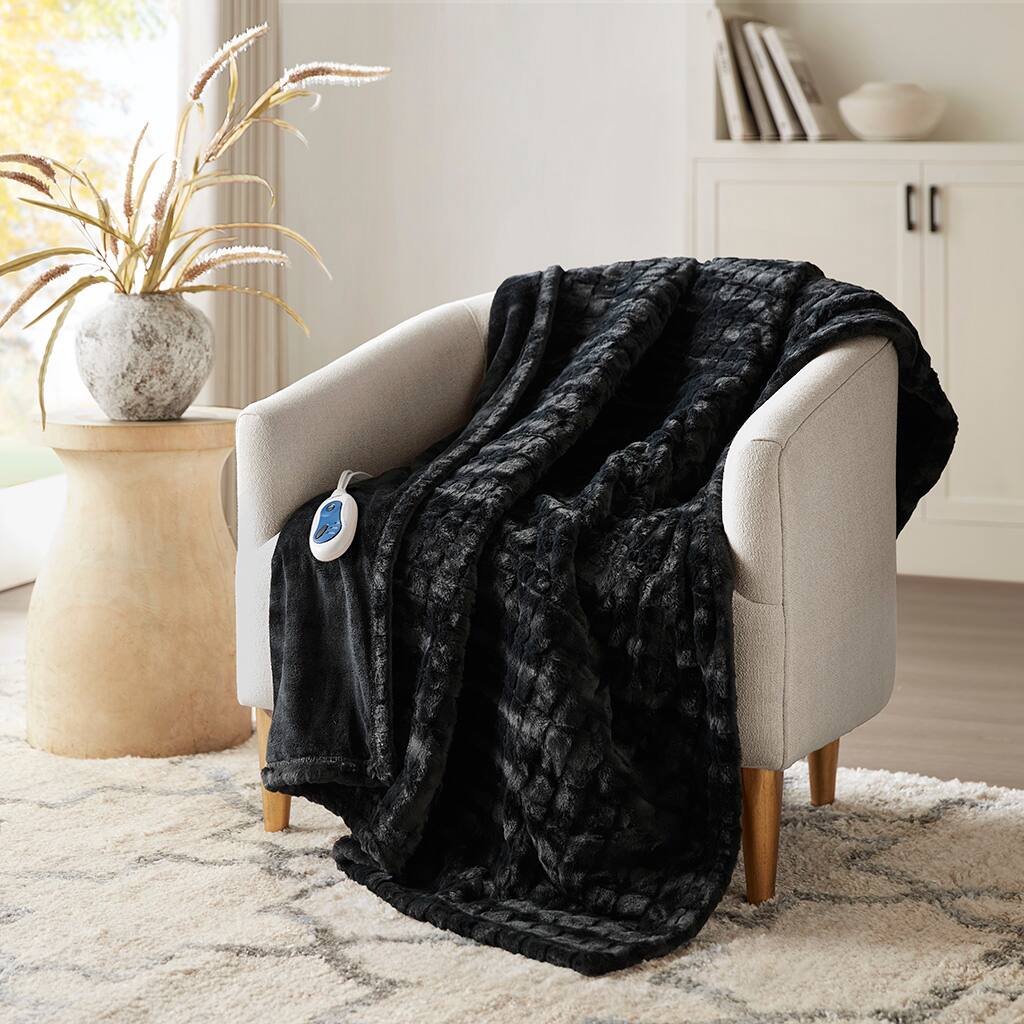 Alt View 1. Glintex - 50x70" Heated Faux Fur Throw Blanket with 3 Heat Settings, Auto Shutoff, Safety Overheat Protection and Soft Wires - Black.