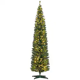Homcom - Pre-Lit Slim Noble Fir Artificial Pencil Christmas Tree, 300 Warm White LEDs, 618 Tips - Green