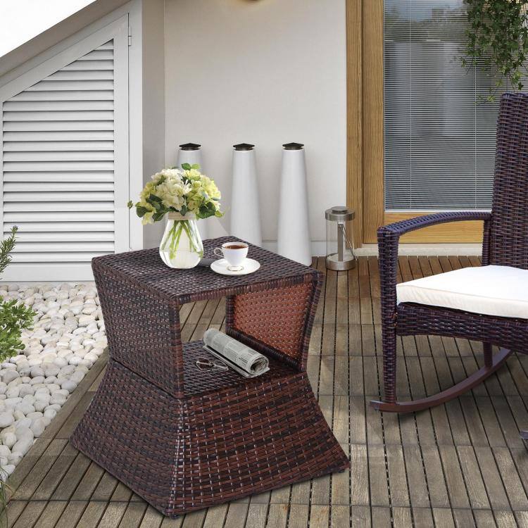 Alt View 1. PULUZ - Outdoor Side Table with Umbrella Hole, 2 Tier Rattan Wicker End Table with Storage Shelf, All Weather - Brown.