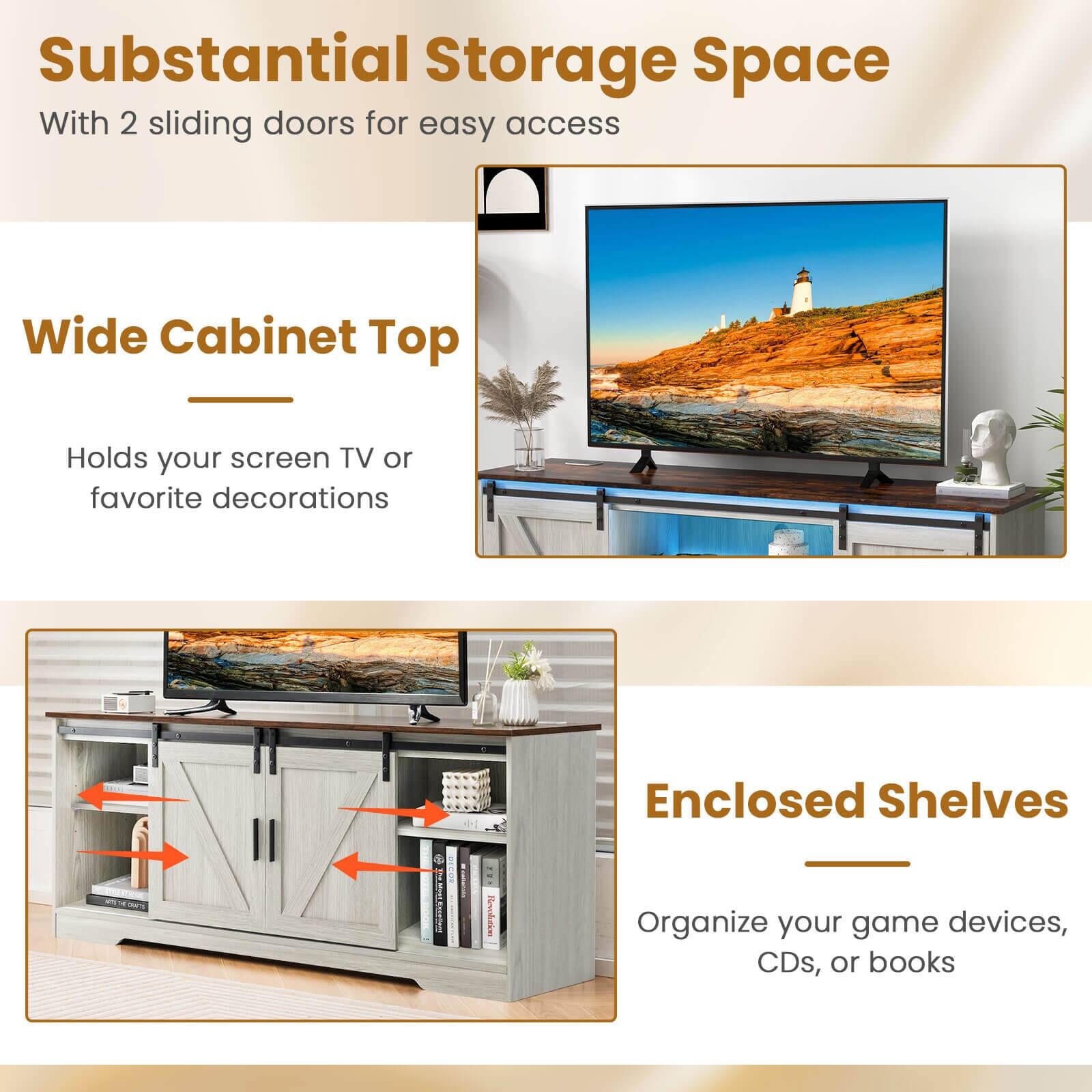 Substantial Storage Space: With 2 sliding doors for easy access, this entertainment center offers ample storage for your belongings.

Wide Cabinet Top: The wide cabinet top can hold your screen TV or favorite decorations, making it a functional and stylish addition to your living space.

Enclosed Shelves: The enclosed shelves provide additional storage space for your game devices, CDs, or books, keeping them organized and out of sight when not in use.

Organize Your Game Devices, CDs, or Books: This entertainment center is designed to help you keep your belongings organized and easily accessible, making it a practical and convenient addition to your home.
