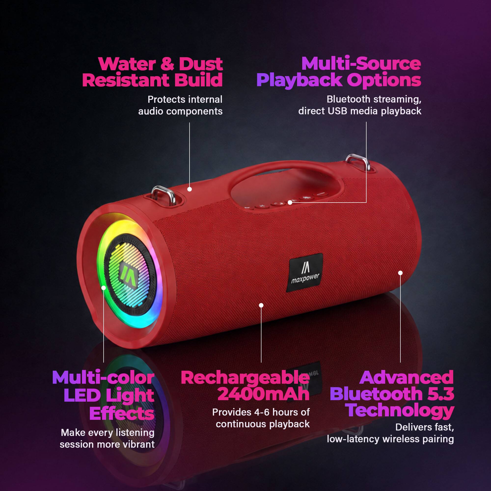 Water & Dust Resistant Build  
Protects internal audio components  

Multi-Source Playback Options  
Bluetooth streaming, direct USB media playback  

Multi-color LED Light Effects  
Make every listening session more vibrant  

Rechargeable 2400mAh  
Provides 4-6 hours of continuous playback  

Advanced Bluetooth 5.3 Technology  
Delivers fast, low-latency wireless pairing