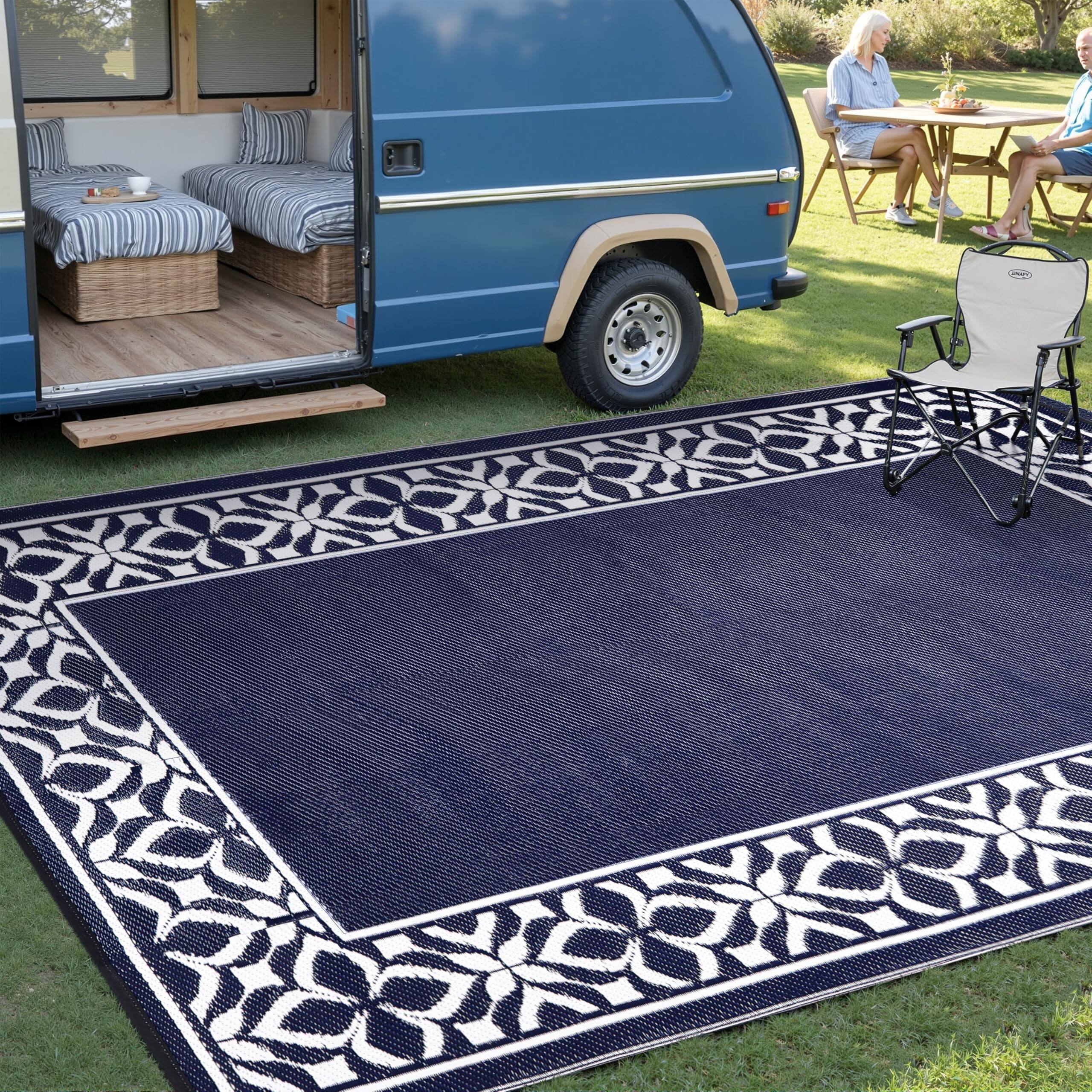 Back. Reds Spade - Outdoor Plastic Straw Rug Navy Large Outside Waterproof Patio Carpet Geometric Reversible Mat Modern For Ca... - Geo | Navy Blue-5' x 8' (Rectangular).
