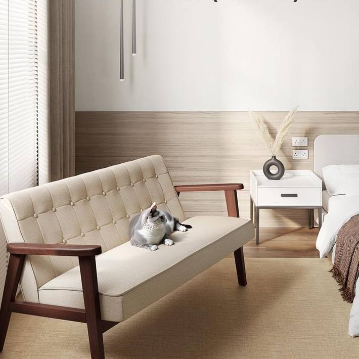 Left. Hivvago - Mid-Century Modern Wood Frame Loveseat Sofa Couch with Beige Seat/Back Cushion - Beige.