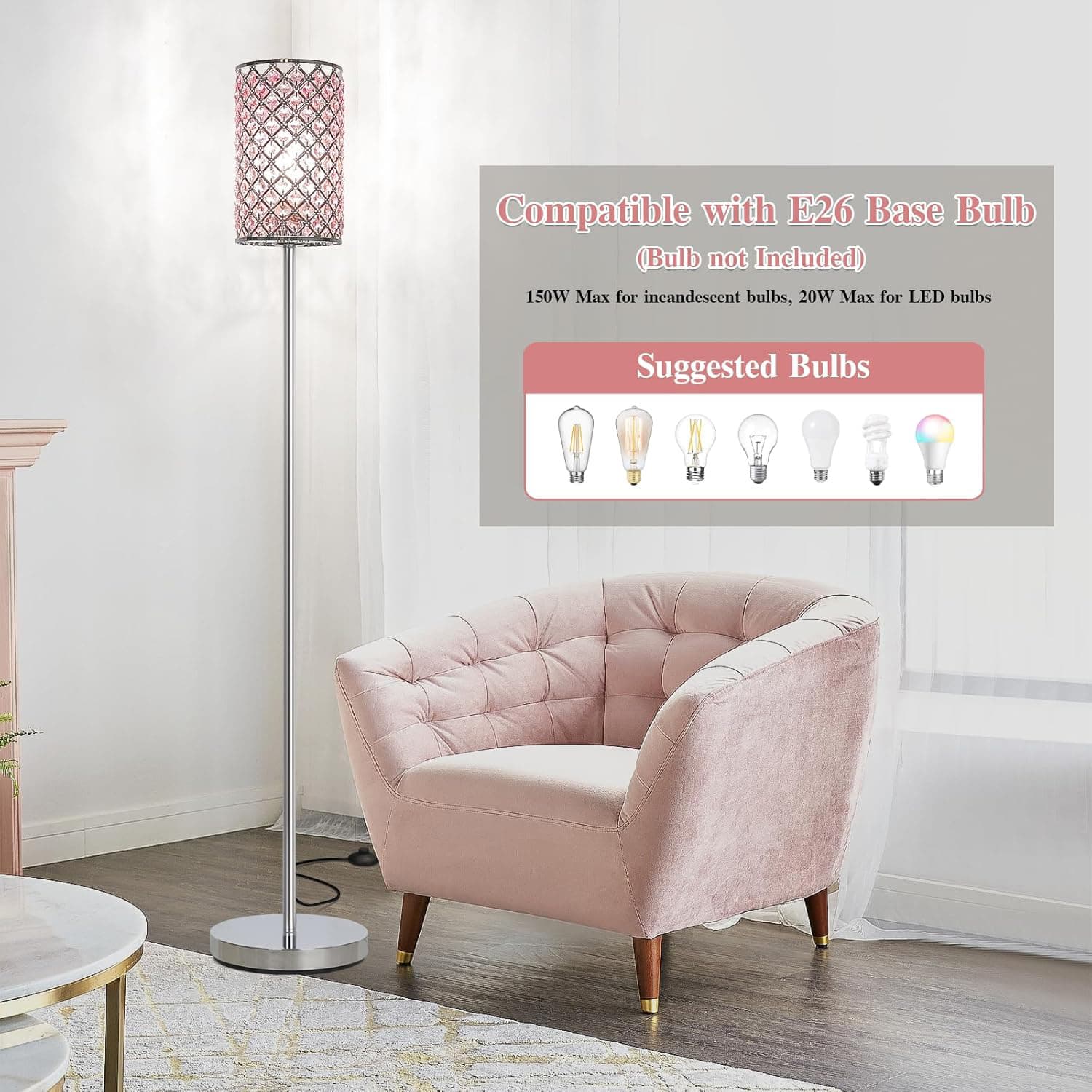 Compatible with E26 Base Bulb (Bulb not Included)  
150W Max for incandescent bulbs, 20W Max for LED bulbs  
Suggested Bulbs