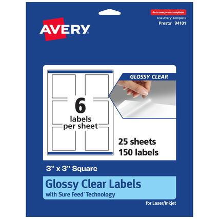 Go to avery.com/templates
AVERY
Use Avery Template Presta 94101
GLOSSY CLEAR
6 labels per sheet
25 sheets
150 labels
3" X 3" Square Glossy Clear Labels with Sure Feed Technology for Laser/Inkjet