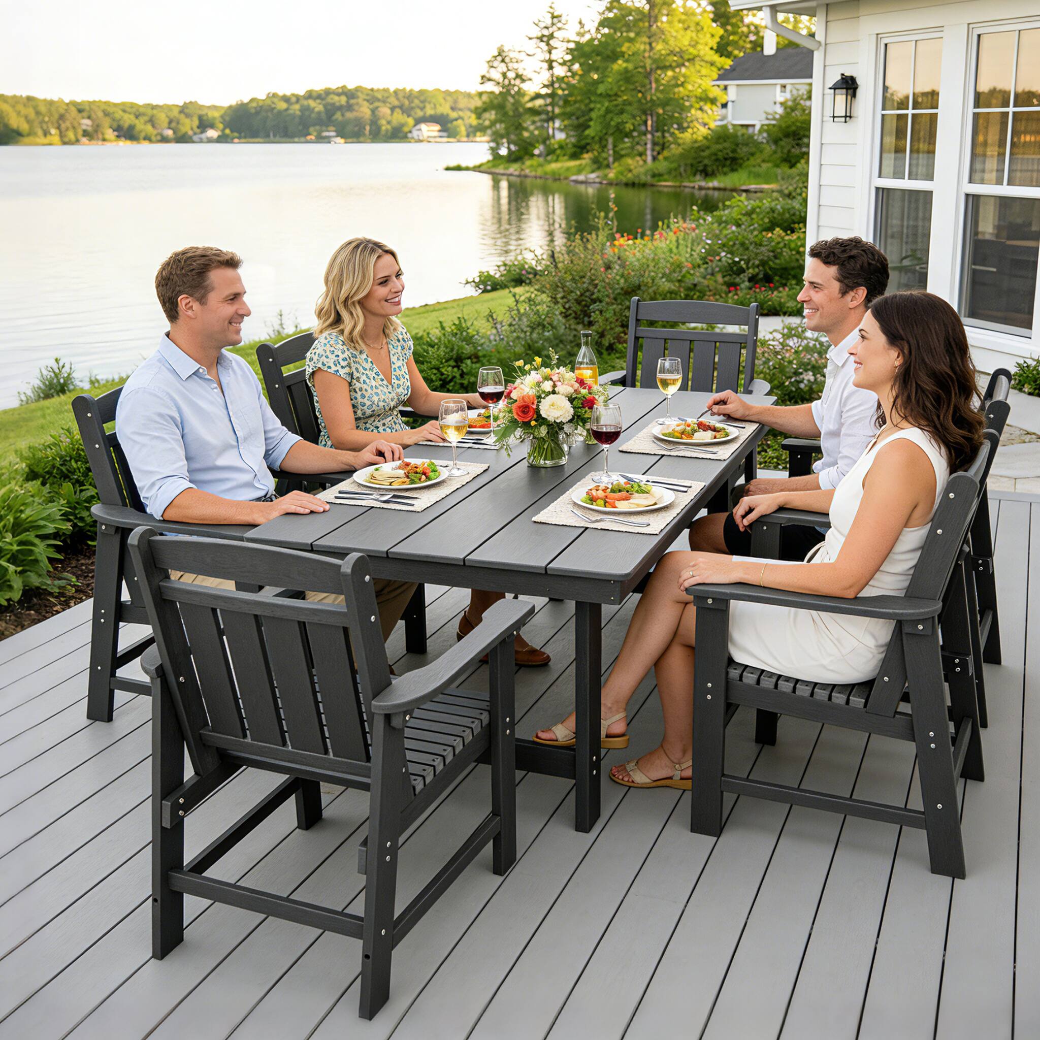Angle. Fortune Candy - HDPE Patio Dining Set, 7-Piece Poly Lumber Table & Chairs with Umbrella Hole, Weather-Resistant for Porch Yard Garden - Gray.
