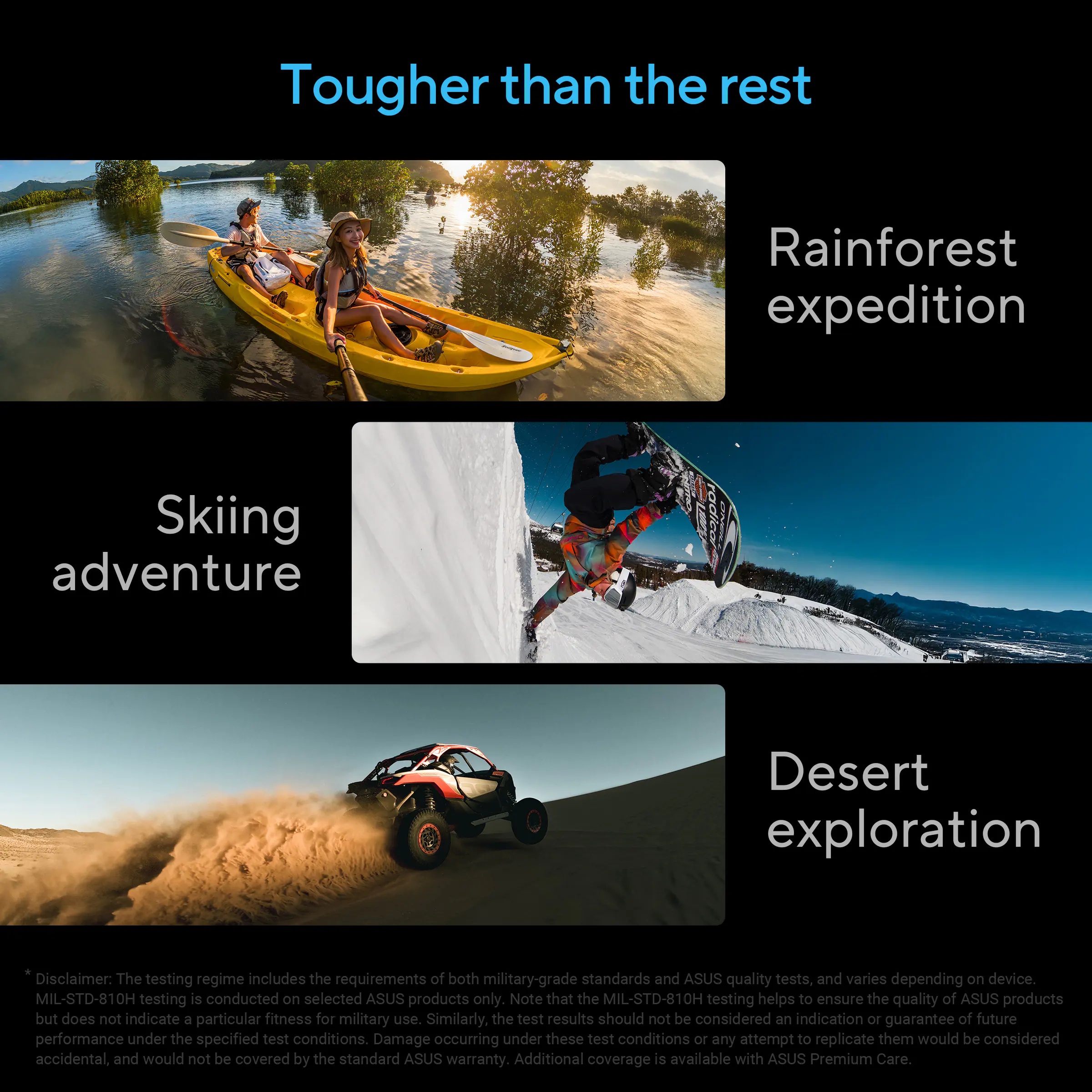 Tougher than the rest

Rainforest expedition

Skiing adventure

Desert exploration

Disclaimer: The testing regime includes the requirements of both military-grade standards and ASUS quality tests, and varies depending on device. MIL-STD-810H testing is conducted on selected ASUS products only. Note that the MIL-STD-810H testing helps to ensure the quality of ASUS products but does not indicate a particular fitness for military use. Similarly, the test results should not be considered an indication or guarantee of future performance under the specified test conditions. Damage occurring under these test conditions or any attempt to replicate them would be considered accidental, and would not be covered by the standard ASUS warranty. Additional coverage is available with ASUS Premium Care.