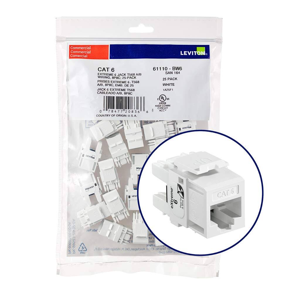 Commercial Comercial LEVITON CAT 6 EXTREME E JACK T568 A/I WIRING, SPBC: 5-PACK PRISES EXTREME 6 T568 A/B, BP8C, EMII DE 25 JACK 5 EXTREME 568 CABLEADO A/B. 8PBC 0 78477 20836 COUNTRY OF ORIGIN: U.S.A. 61110 -BW BW6 SAN 164 25 PACK WHITE 1A5F1 4 UL 0 LISTED 4058 COMM CIRCUIT 6 2 ACCY LEVITON LEVITON N A0-00-00-roaee-x A0-SE-0S-5S2e2-X b ATOH LEV extreme 9 Por: oba Le ch Para: F. MericoD Hidalgo M Del Huchapan Col  No. lana  060 5082-10 PeerA | CAT6