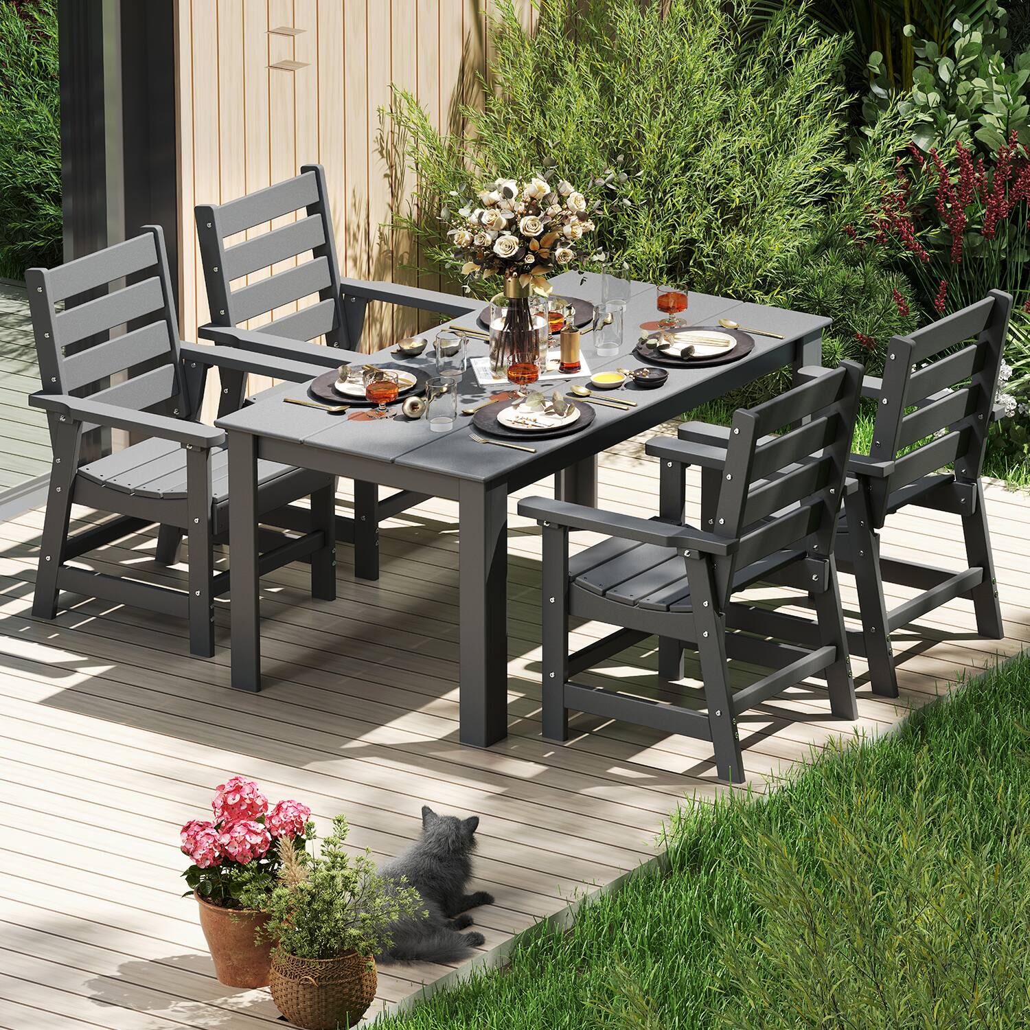 Alt View 2. FODINGHILL - Premium HDPE All-Weather Outdoor Dining Table with Umbrella Hole - Grey.